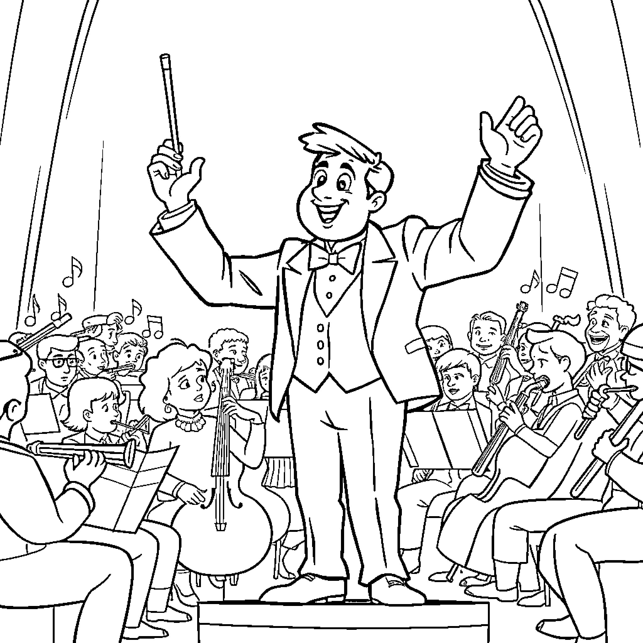 Conductor leading an orchestra in a performance Coloring Page (free black-and-white line drawing printable PDF for all, from beginners to advanced learners, including children, teens, adults, and seniors)