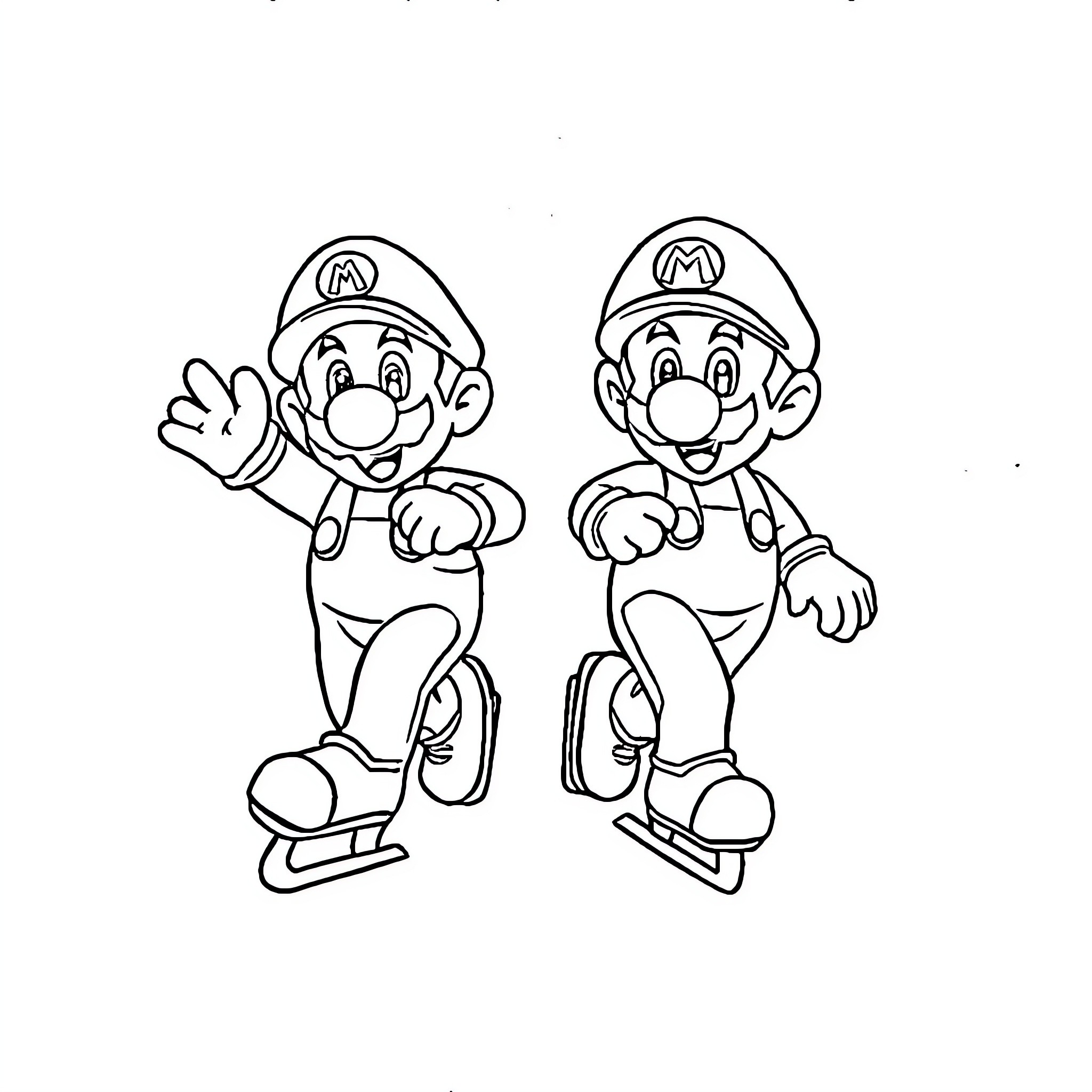 Mario brothers playfully posing in outfits Coloring Page (free black-and-white line drawing printable PDF for all, from beginners to advanced learners, including children, teens, adults, and seniors)