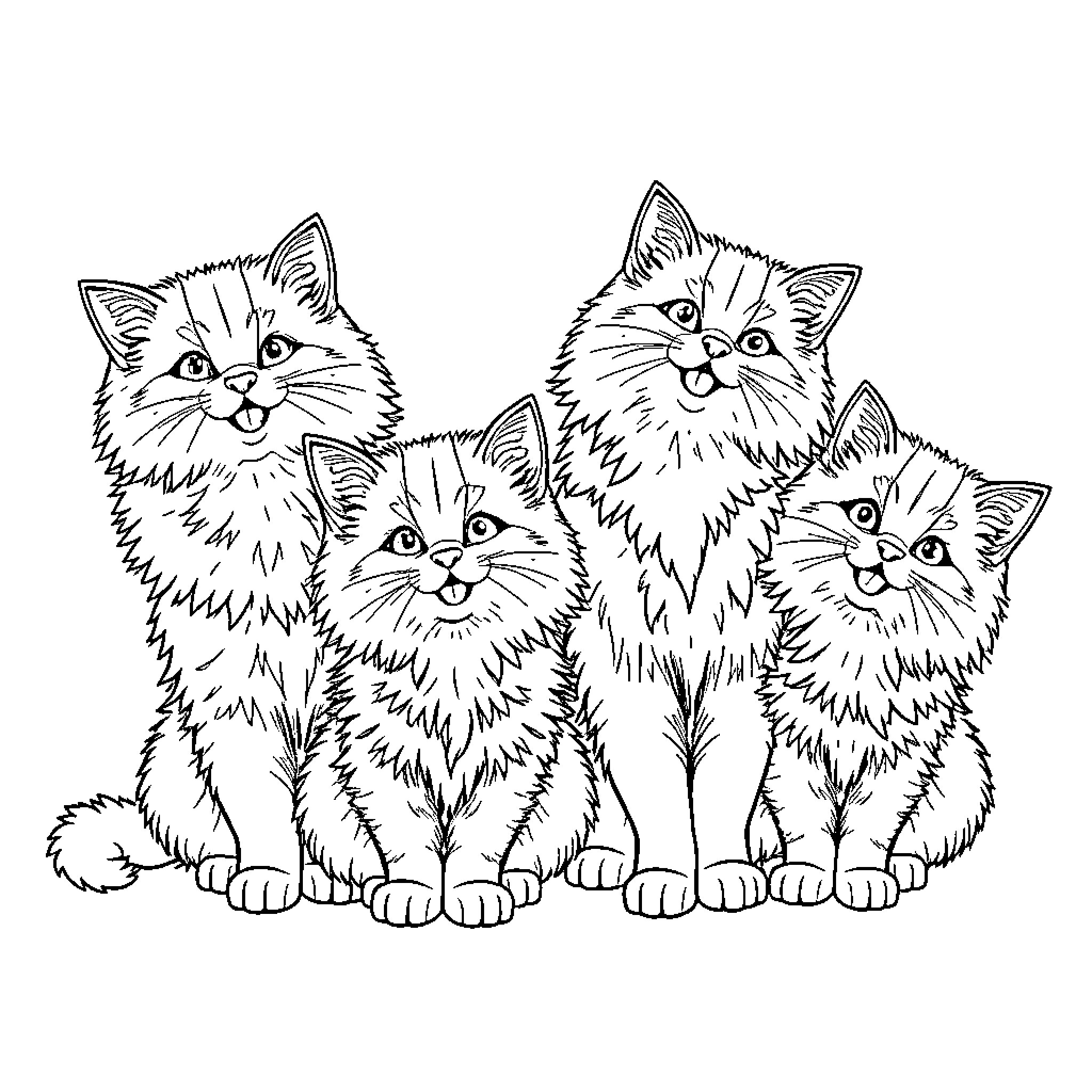 Cats in a Cozy Gathering Coloring Page (free black-and-white line drawing printable PDF for all, from beginners to advanced learners, including children, teens, adults, and seniors)