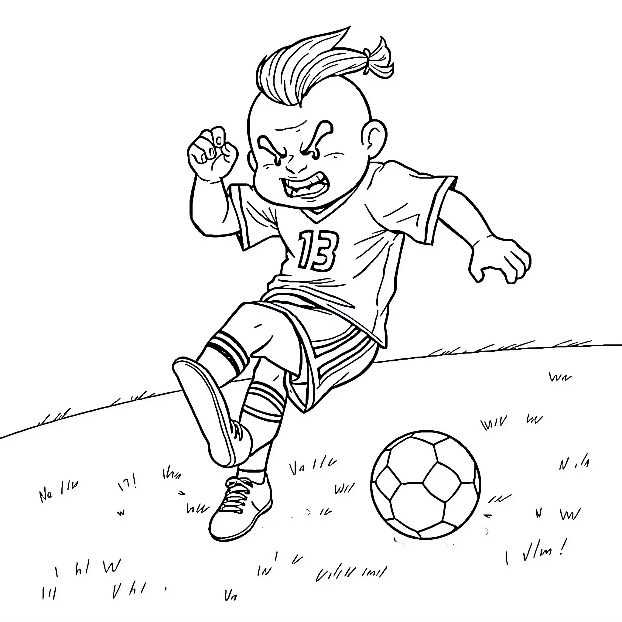 Sangoku Soccer Player Scoring with Excitement Coloring Page (free black-and-white line drawing printable PDF for all, from beginners to advanced learners, including children, teens, adults, and seniors)