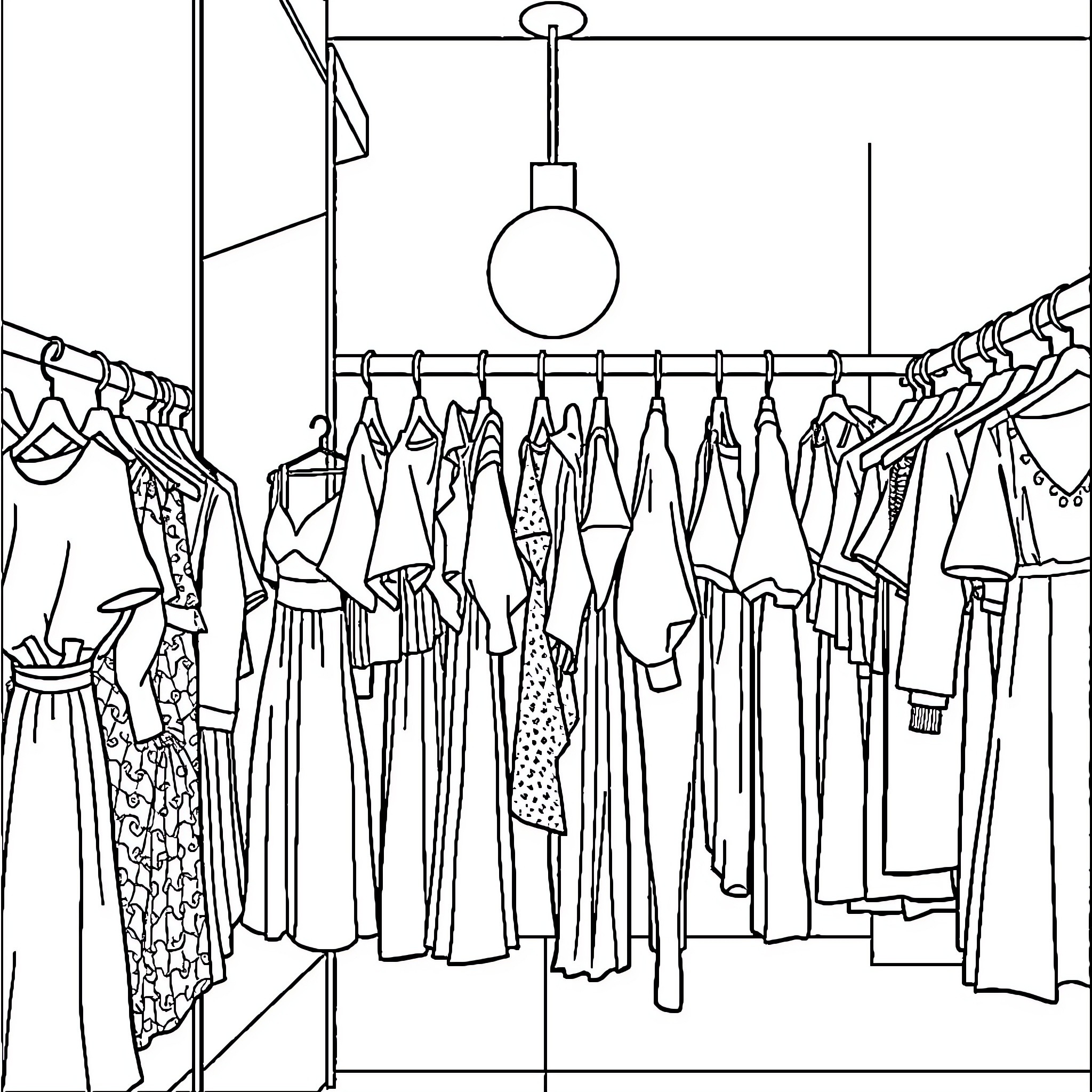 Outfit Arrangement in Fashion Retail Store Coloring Page (free black-and-white line drawing printable PDF for all, from beginners to advanced learners, including children, teens, adults, and seniors)