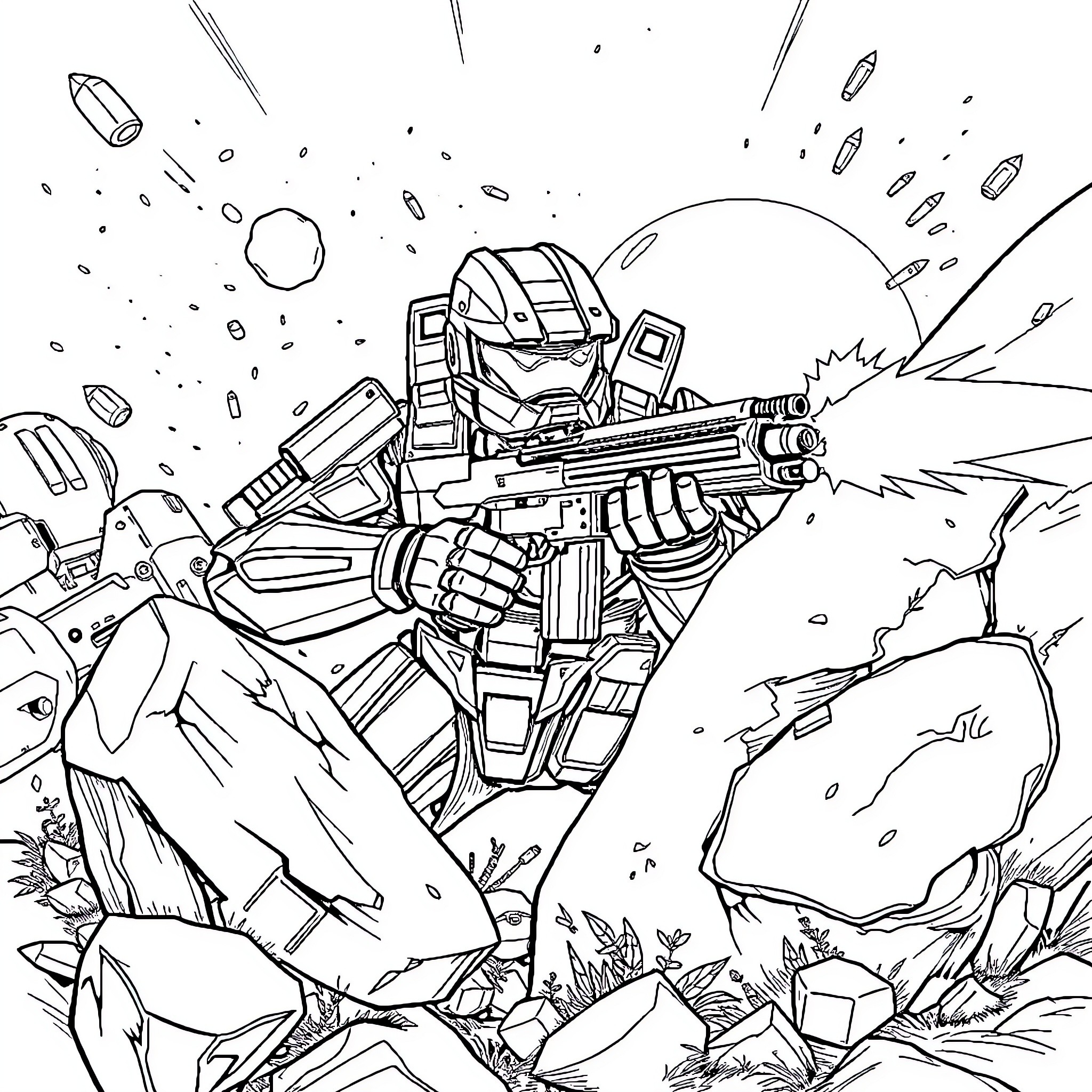 Master Chief battling through an intense combat scenario Coloring Page (free black-and-white line drawing printable PDF for all, from beginners to advanced learners, including children, teens, adults, and seniors)