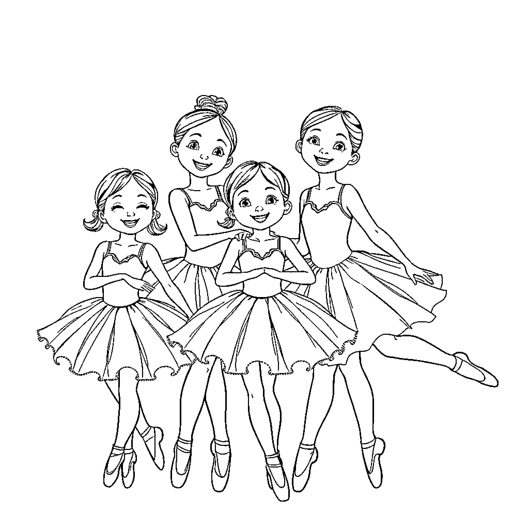 Girls in ballet costumes performing together Coloring Page (free black-and-white line drawing printable PDF for all, from beginners to advanced learners, including children, teens, adults, and seniors)
