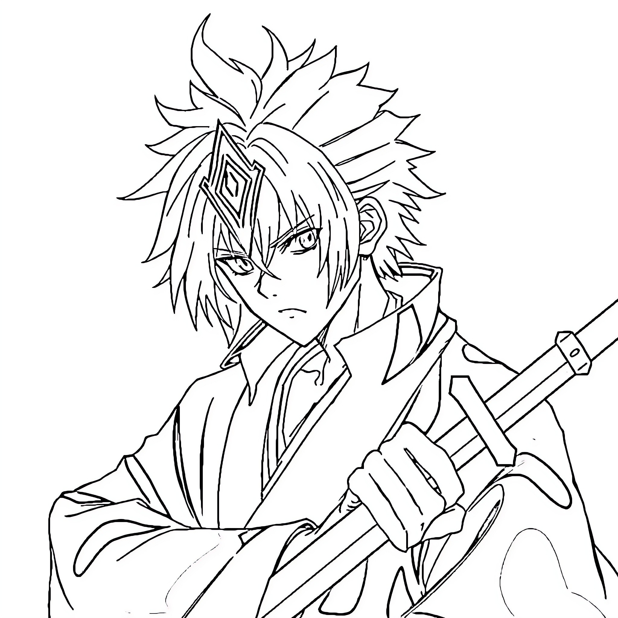 Zenitsu's Determined Stance with Sword in Hand Coloring Page (free black-and-white line drawing printable PDF for all, from beginners to advanced learners, including children, teens, adults, and seniors)