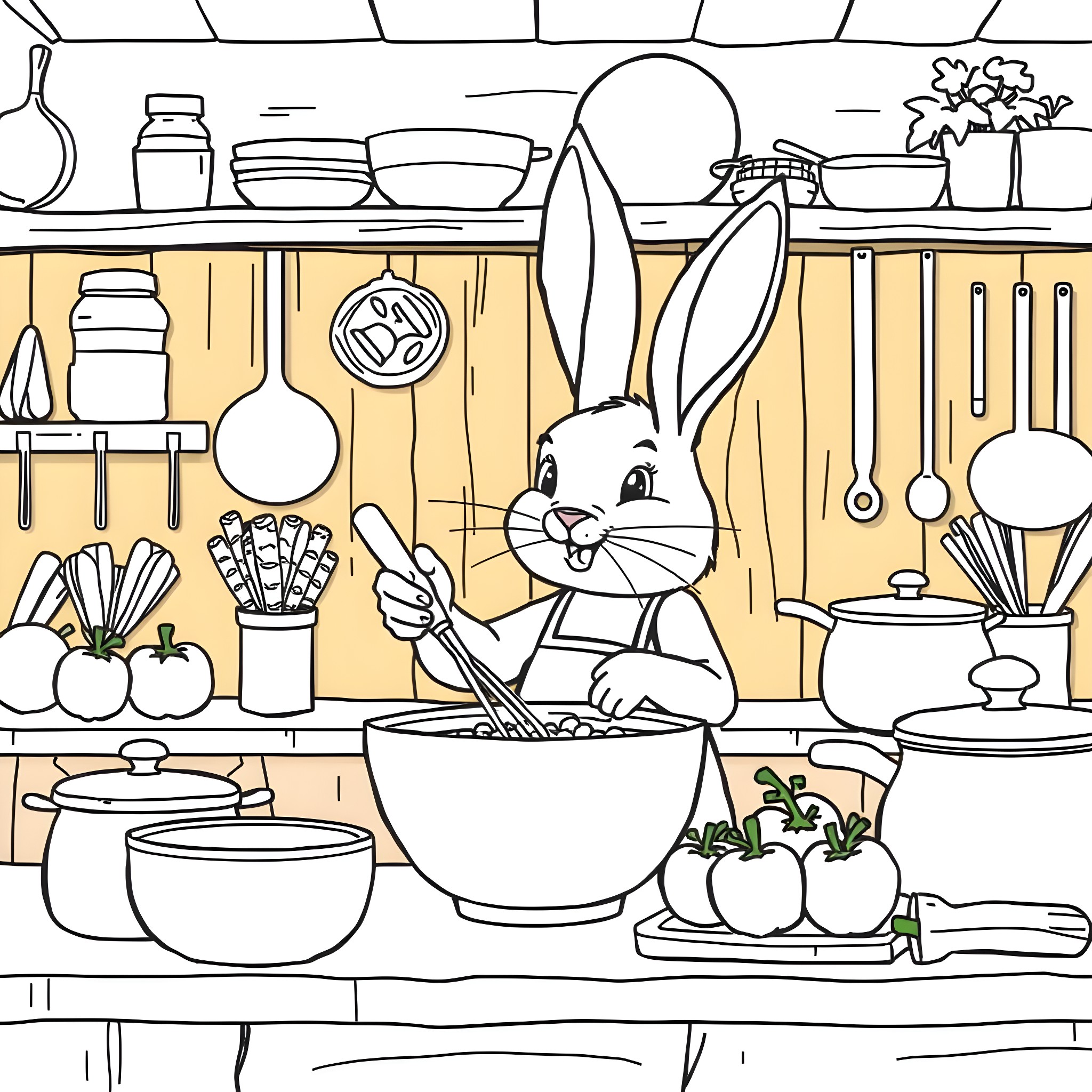 Bunny cooking in a cozy kitchen Coloring Page (free black-and-white line drawing printable PDF for all, from beginners to advanced learners, including children, teens, adults, and seniors)