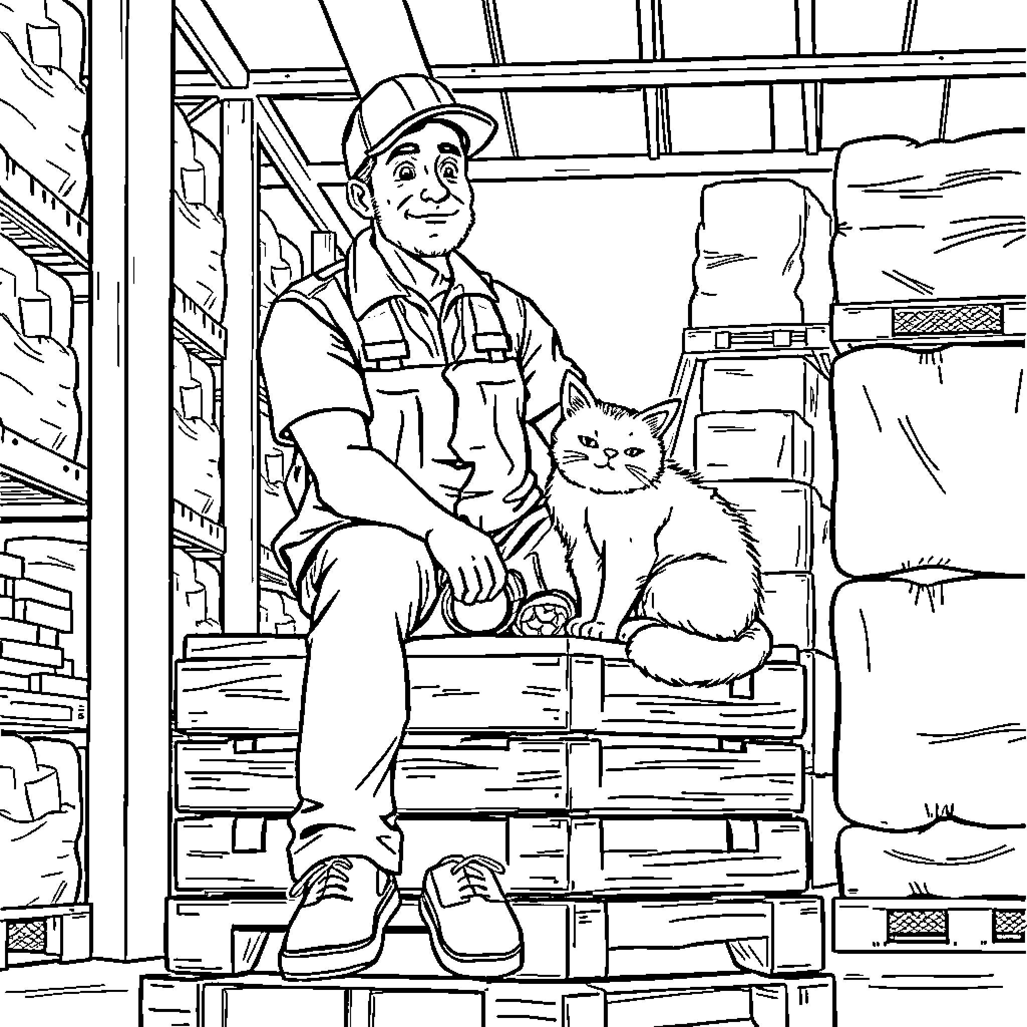 Worker with pet cat in warehouse Coloring Page (free black-and-white line drawing printable PDF for all, from beginners to advanced learners, including children, teens, adults, and seniors)
