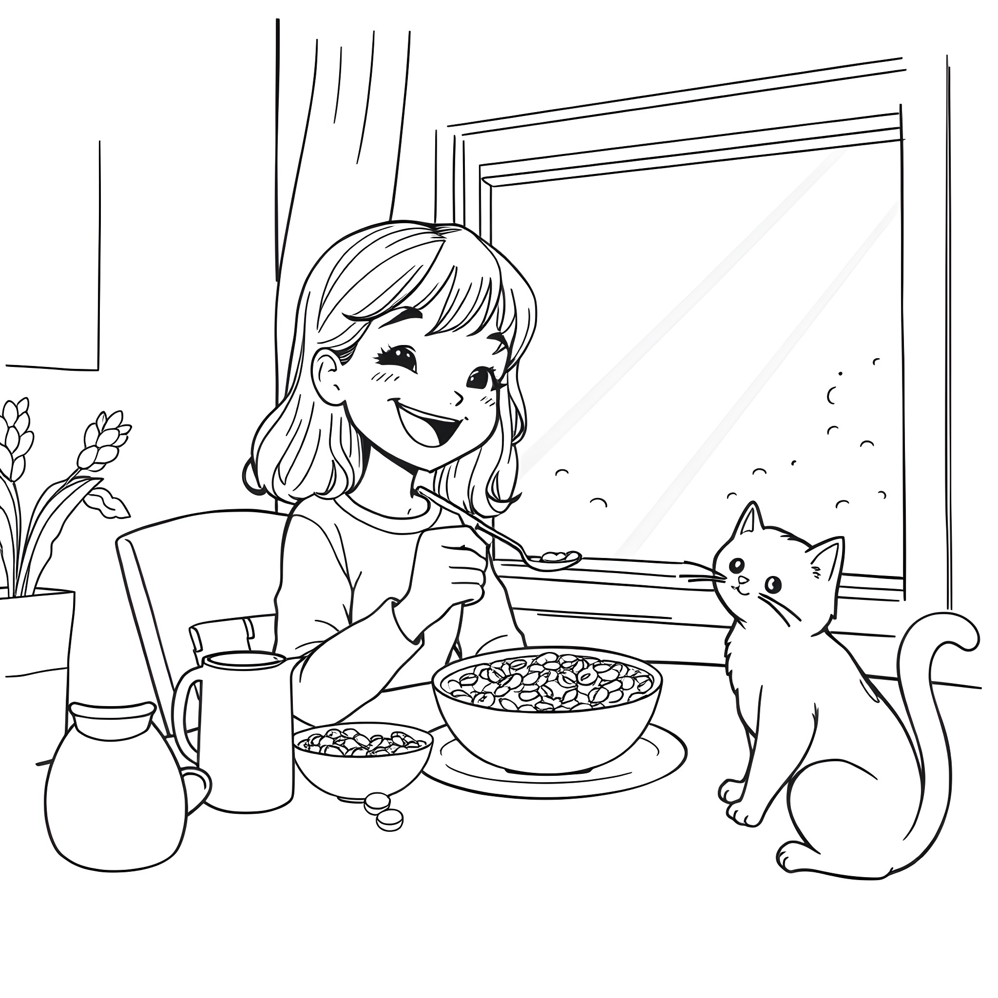 Girl enjoying a meal with her cat Coloring Page (free black-and-white line drawing printable PDF for all, from beginners to advanced learners, including children, teens, adults, and seniors)