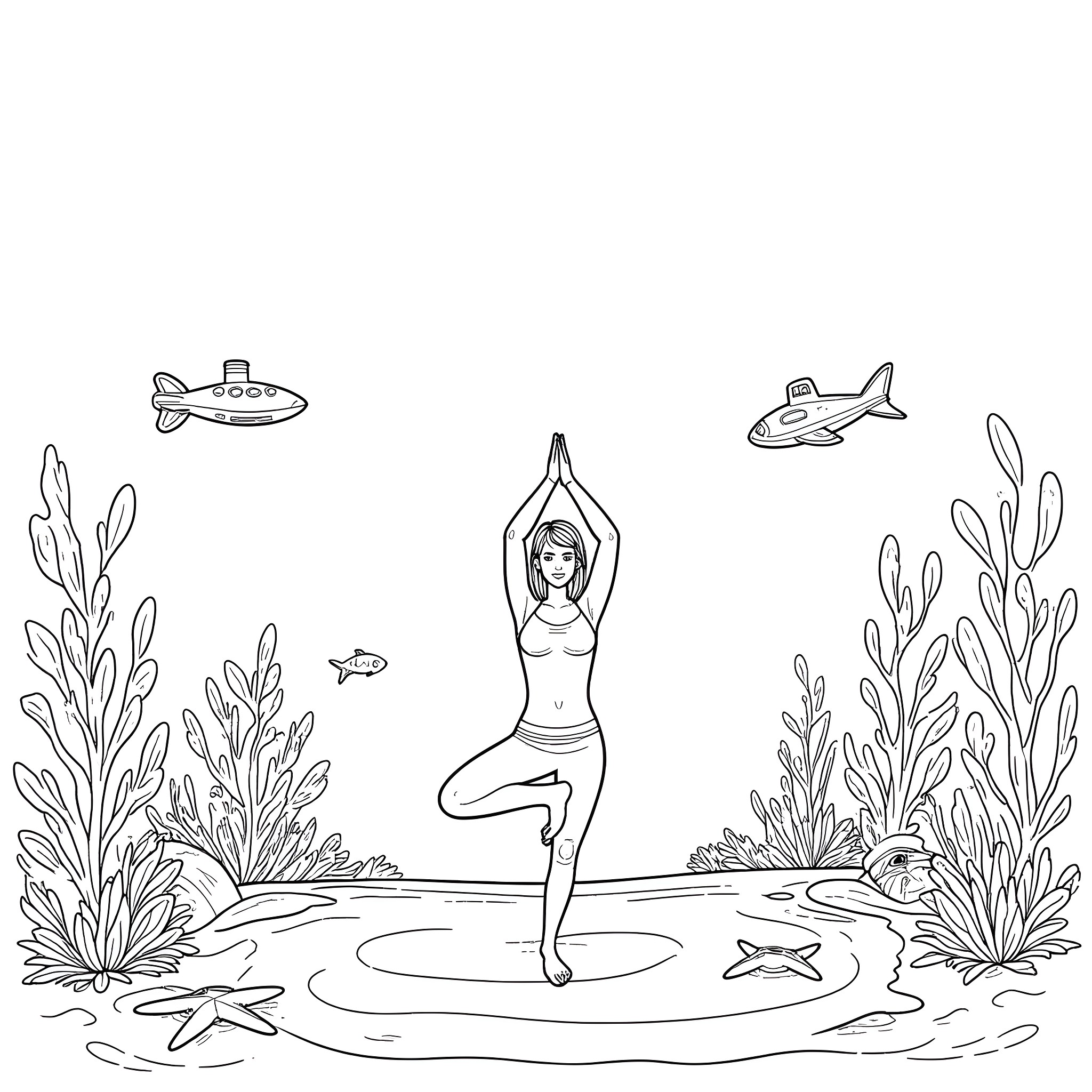 Yoga pose by the underwater ocean scene Coloring Page (free black-and-white line drawing printable PDF for all, from beginners to advanced learners, including children, teens, adults, and seniors)