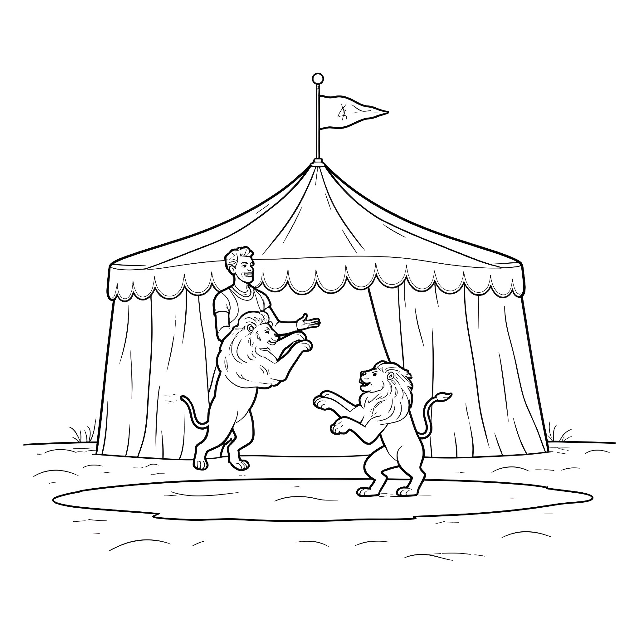 Man performing in circus tent with lion Coloring Page (free black-and-white line drawing printable PDF for all, from beginners to advanced learners, including children, teens, adults, and seniors)