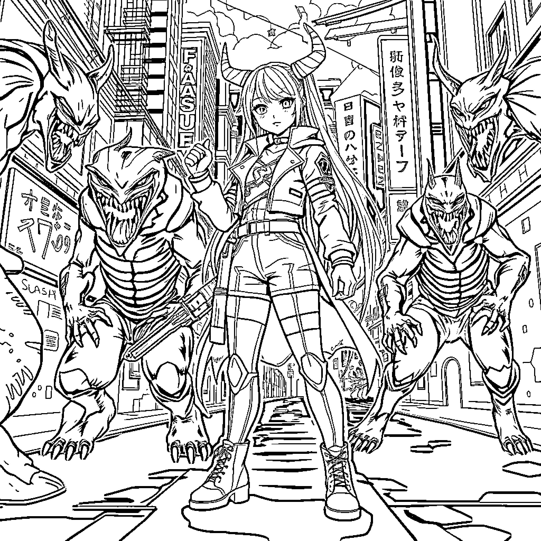 Mira's Confrontation with Monstrous Adversaries Coloring Page (free black-and-white line drawing printable PDF for all, from beginners to advanced learners, including children, teens, adults, and seniors)
