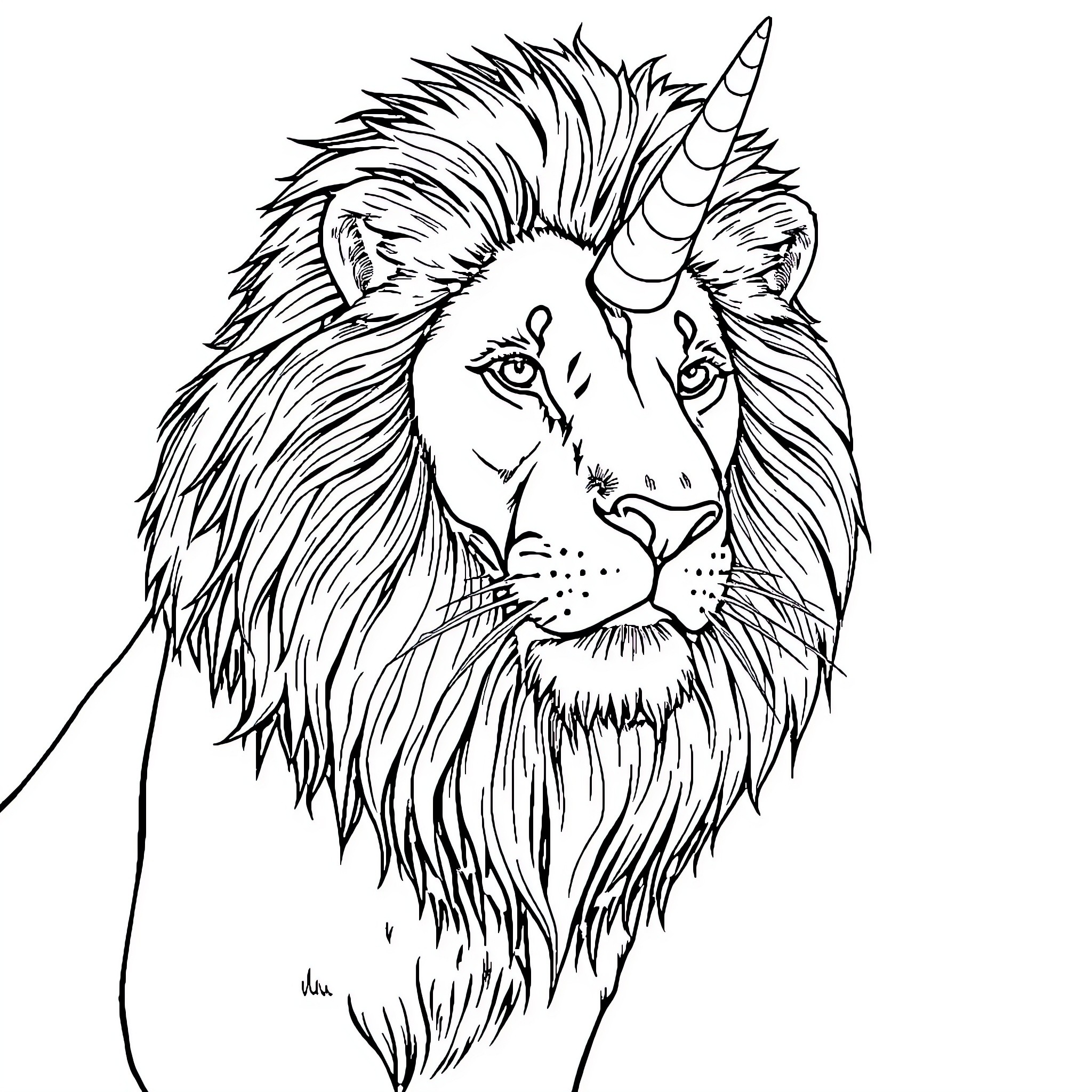 Lion with majestic mane and unicorn horn Coloring Page (free black-and-white line drawing printable PDF for all, from beginners to advanced learners, including children, teens, adults, and seniors)