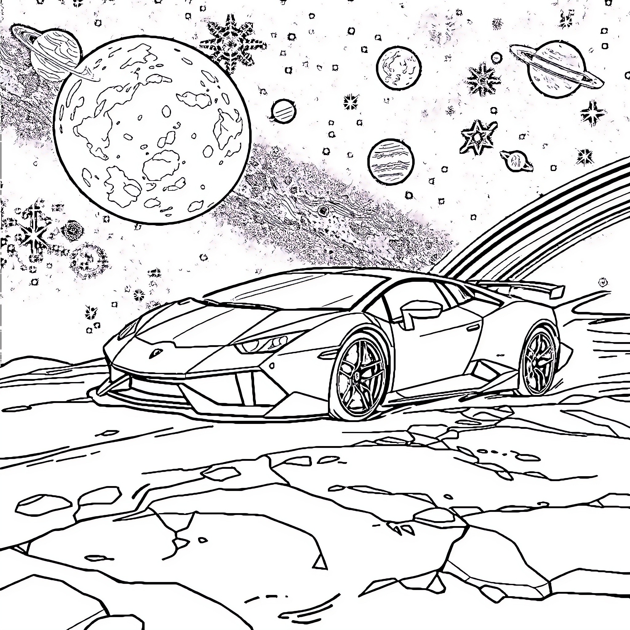 Lamborghini speeding through the cosmic landscape Coloring Page (free black-and-white line drawing printable PDF for all, from beginners to advanced learners, including children, teens, adults, and seniors)