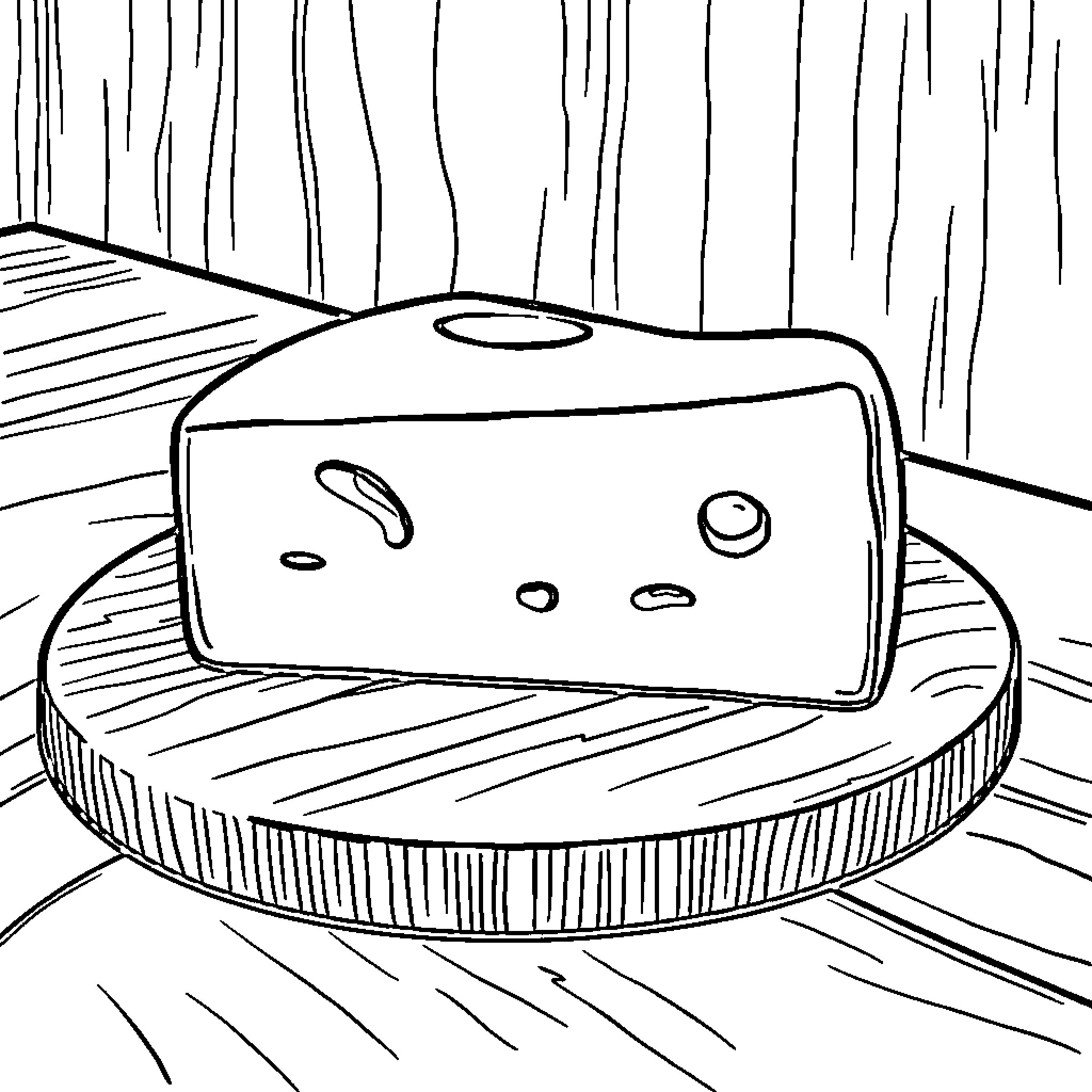 Cheese block resting on wooden table Coloring Page (free black-and-white line drawing printable PDF for all, from beginners to advanced learners, including children, teens, adults, and seniors)