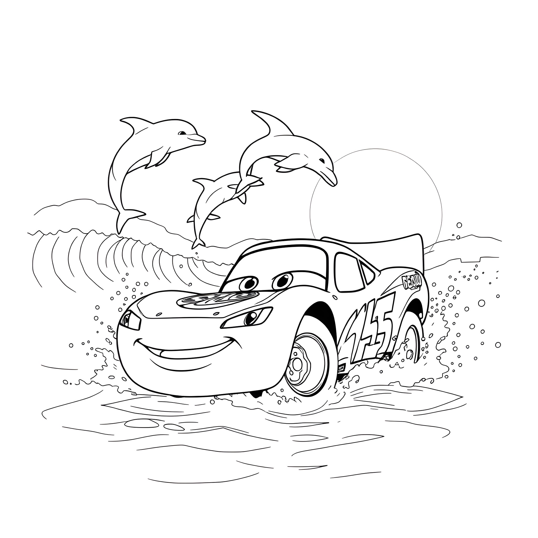 Lightning McQueen's underwater adventure with dolphins Coloring Page (free black-and-white line drawing printable PDF for all, from beginners to advanced learners, including children, teens, adults, and seniors)