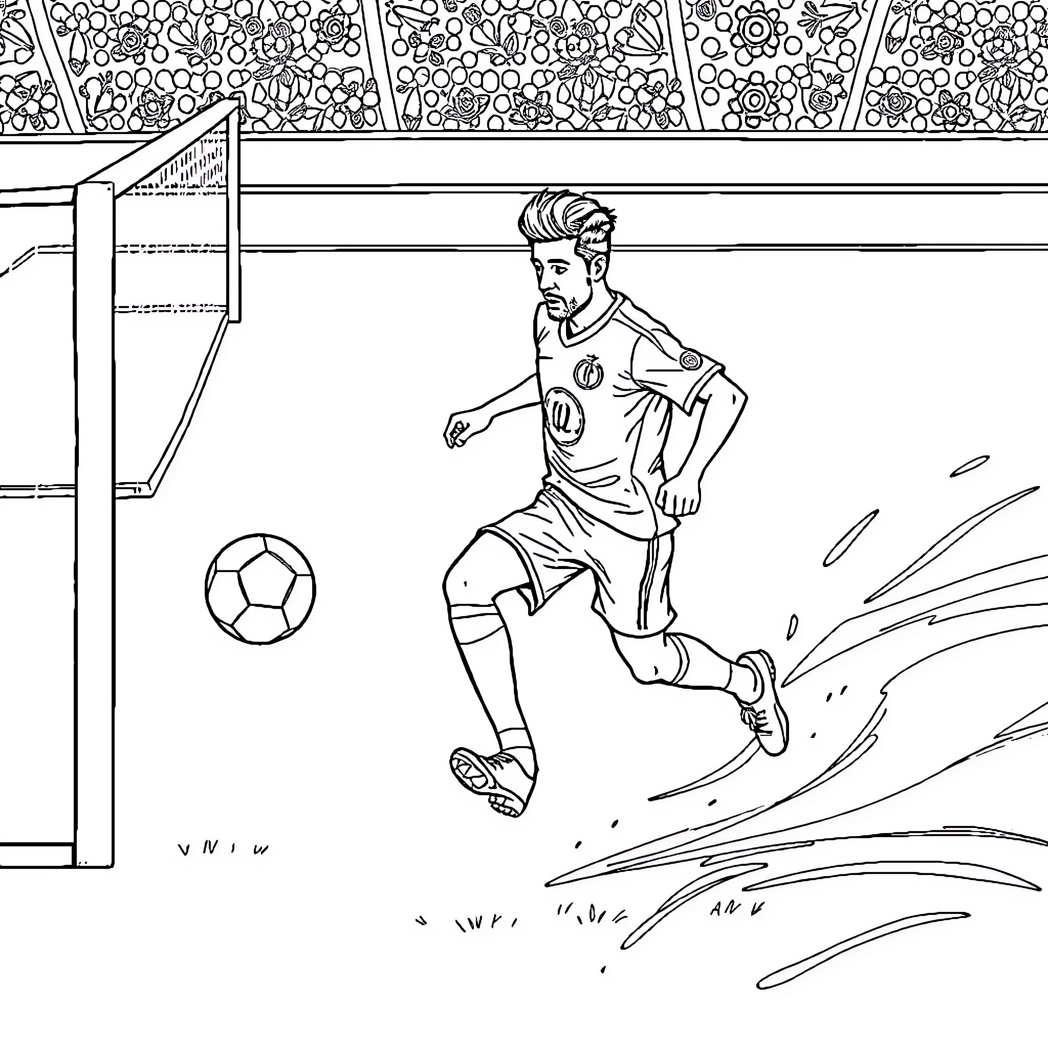 Iranman playing soccer in the stadium Coloring Page (free black-and-white line drawing printable PDF for all, from beginners to advanced learners, including children, teens, adults, and seniors)