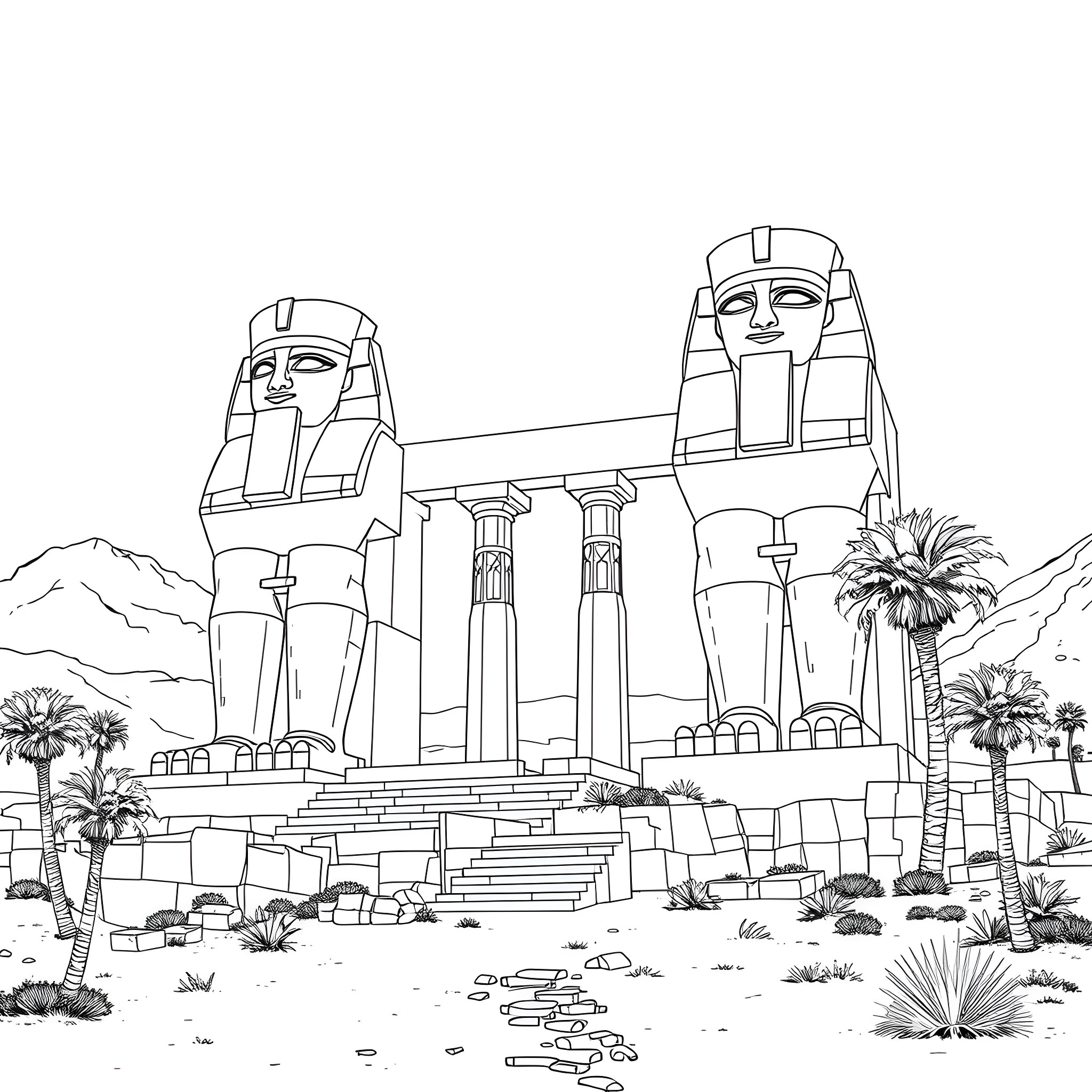 Colossi of Memnon standing tall in the desert landscape Coloring Page (free black-and-white line drawing printable PDF for all, from beginners to advanced learners, including children, teens, adults, and seniors)