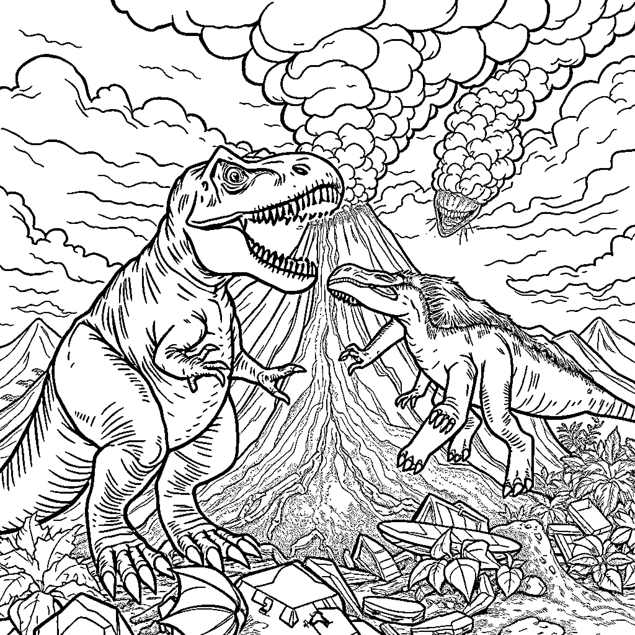 Tyrannosaurus Rex battling against volcanic eruption Coloring Page (free black-and-white line drawing printable PDF for all, from beginners to advanced learners, including children, teens, adults, and seniors)