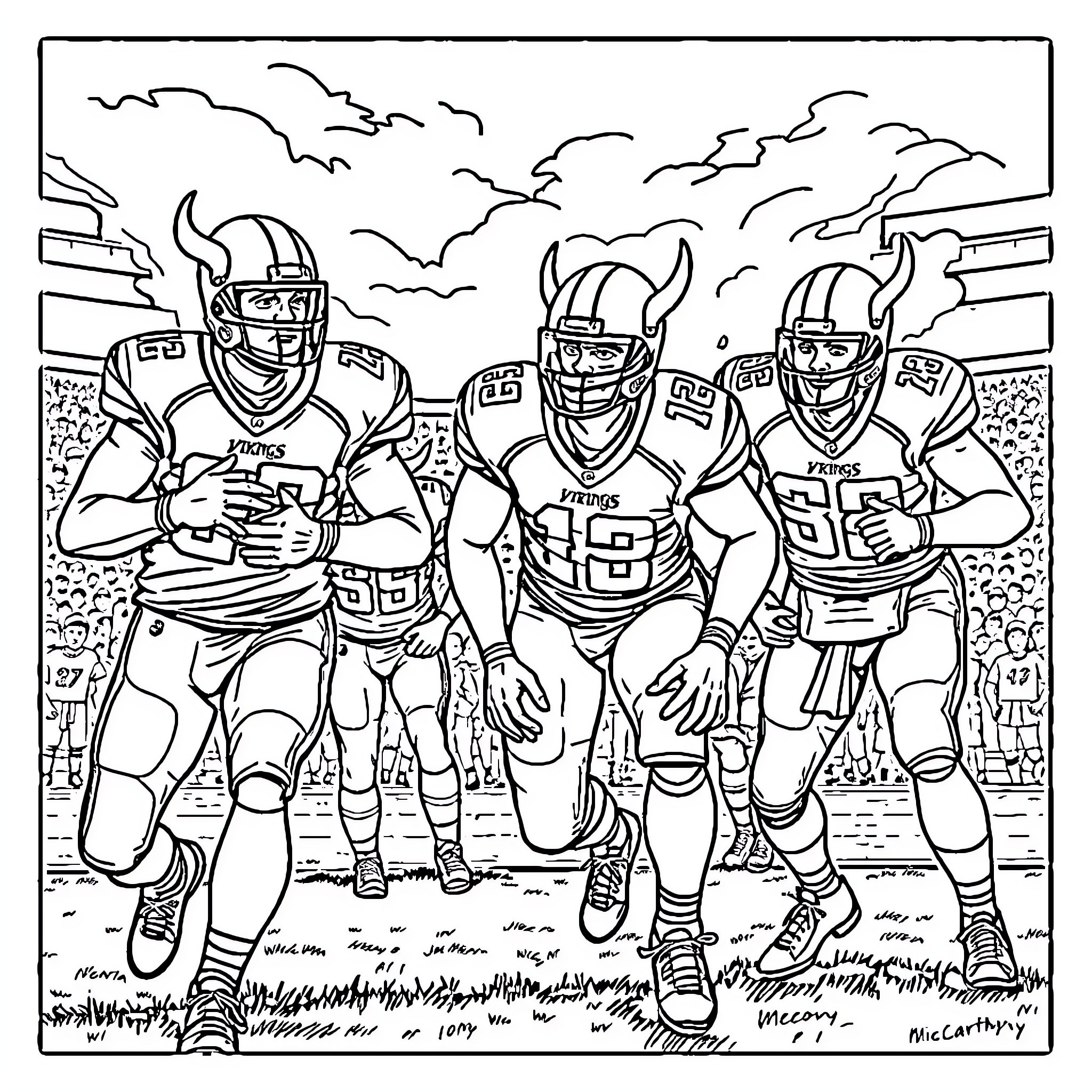 Vikings in action-packed football game Coloring Page (free black-and-white line drawing printable PDF for all, from beginners to advanced learners, including children, teens, adults, and seniors)