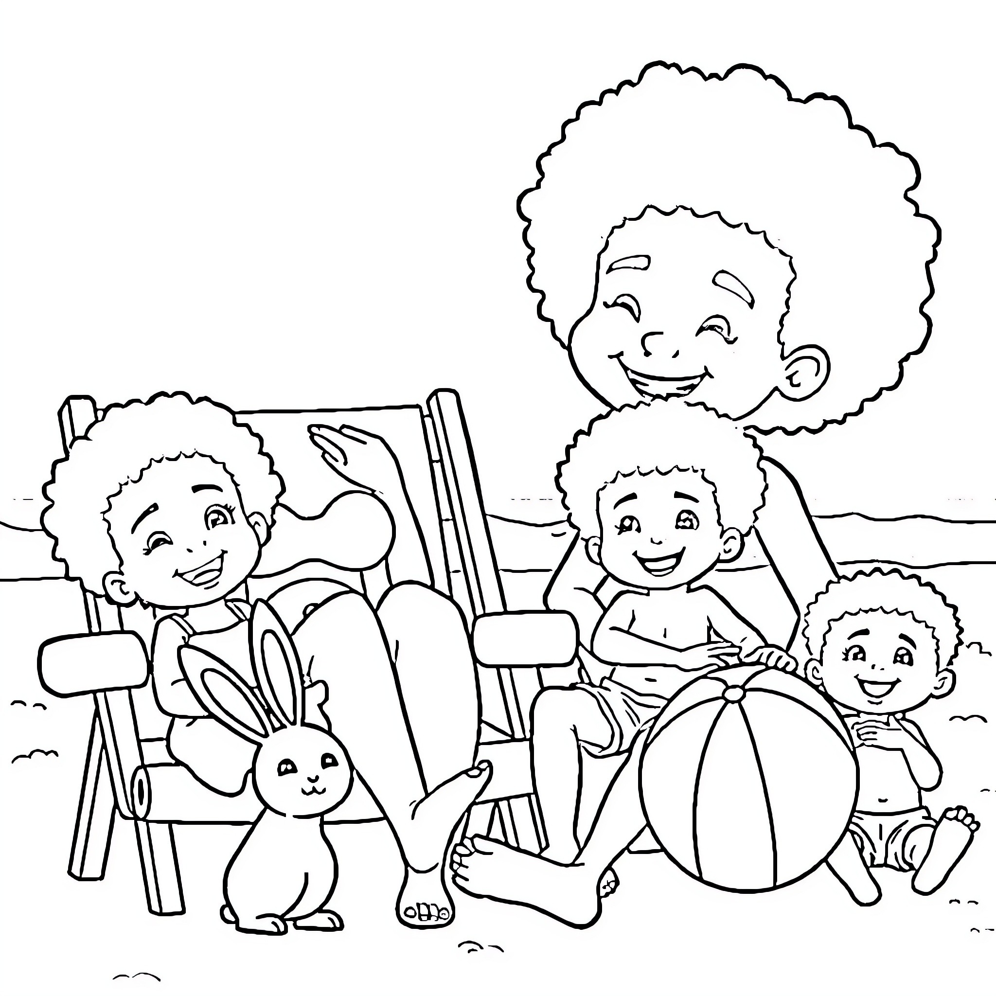 Toddlers playing happily at the beach Coloring Page (free black-and-white line drawing printable PDF for all, from beginners to advanced learners, including children, teens, adults, and seniors)