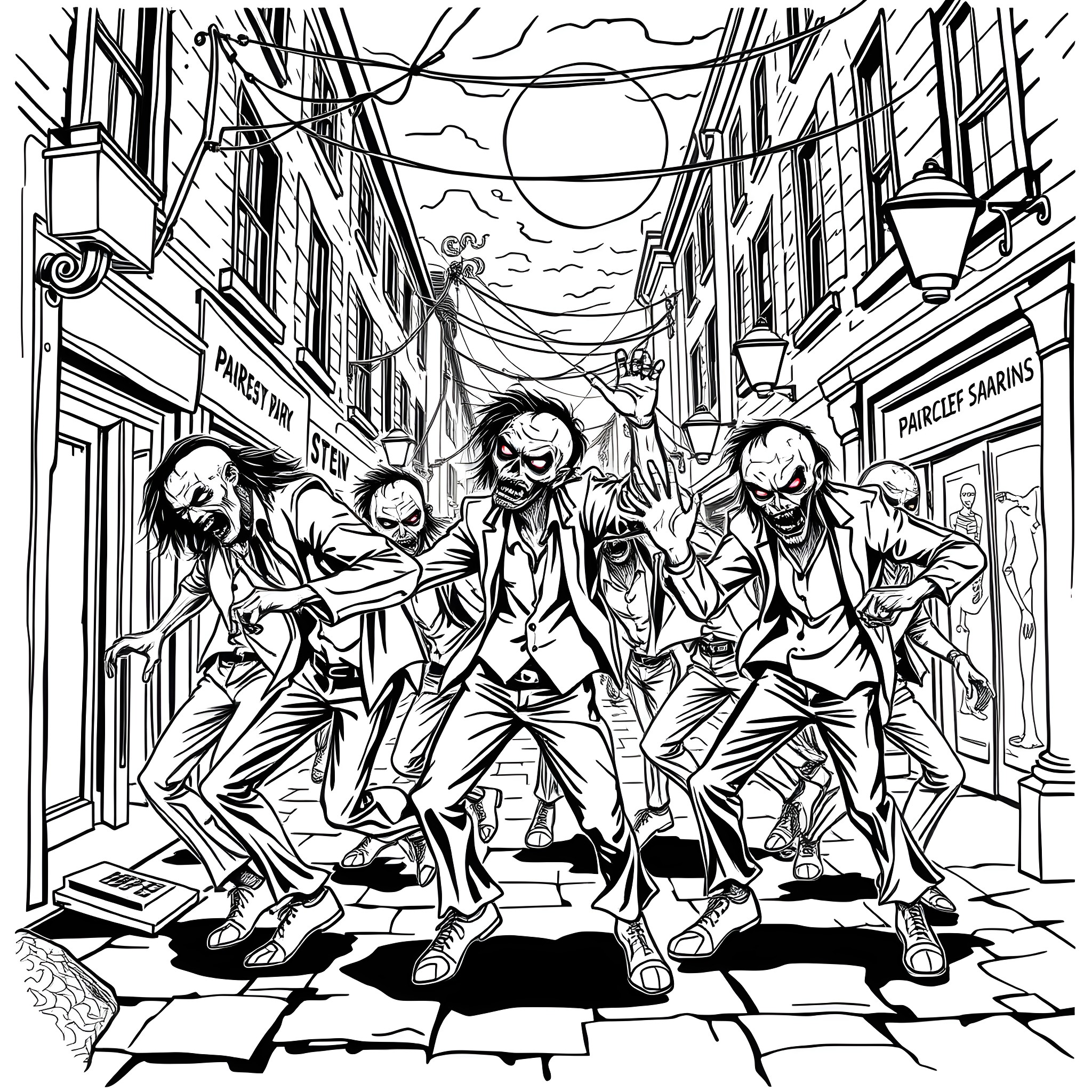 Zombie gang terrorizing the city streets Coloring Page (free black-and-white line drawing printable PDF for all, from beginners to advanced learners, including children, teens, adults, and seniors)