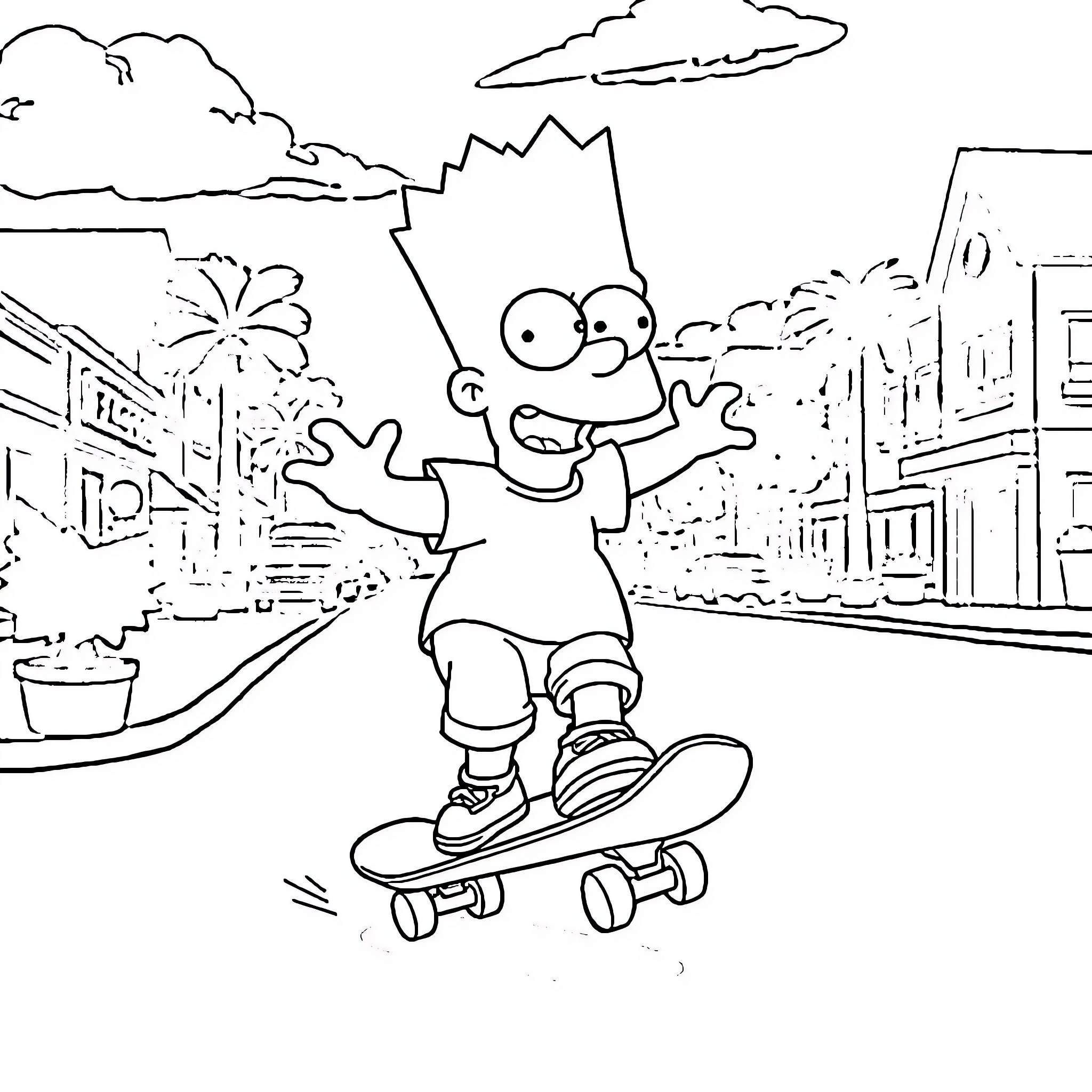 Bart Simpson skateboarding in the city Coloring Page (free black-and-white line drawing printable PDF for all, from beginners to advanced learners, including children, teens, adults, and seniors)