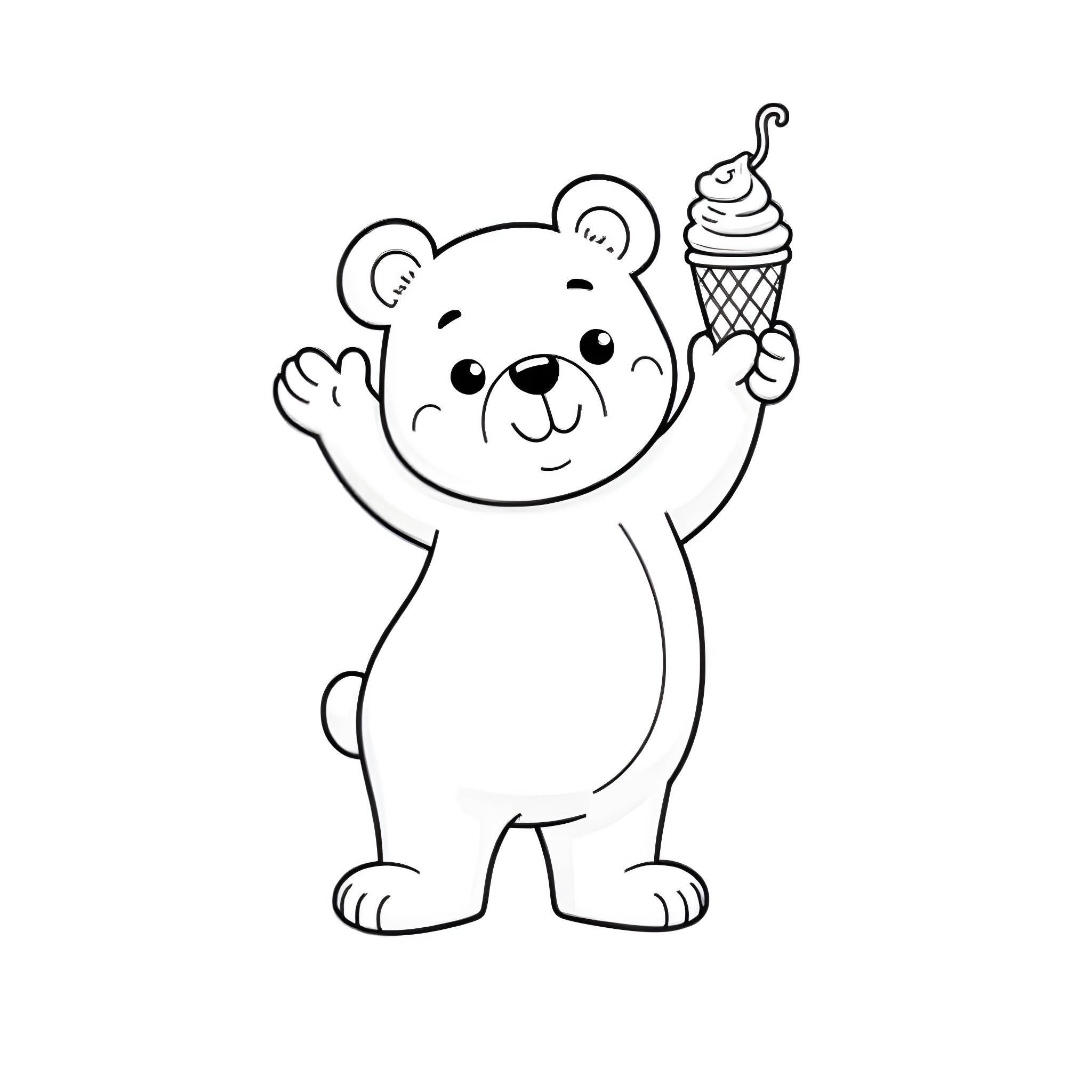 Bear holding ice cream cone happily Coloring Page (free black-and-white line drawing printable PDF for all, from beginners to advanced learners, including children, teens, adults, and seniors)