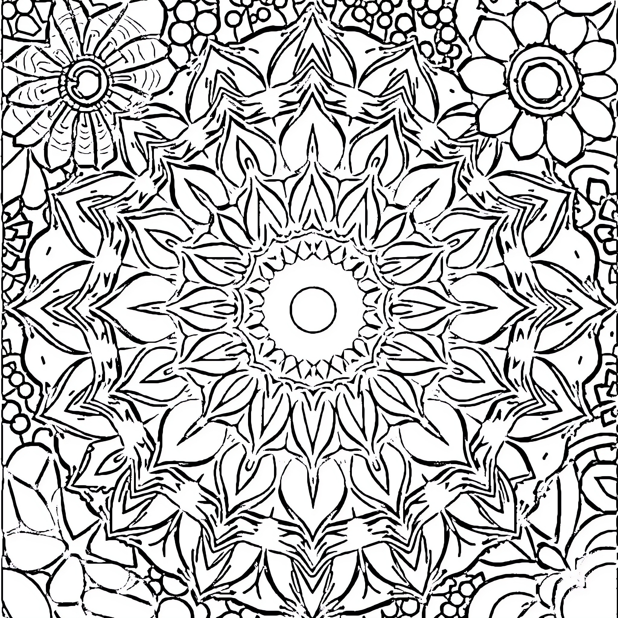 Intricate Floral Mandala Pattern Coloring Page (free black-and-white line drawing printable PDF for all, from beginners to advanced learners, including children, teens, adults, and seniors)