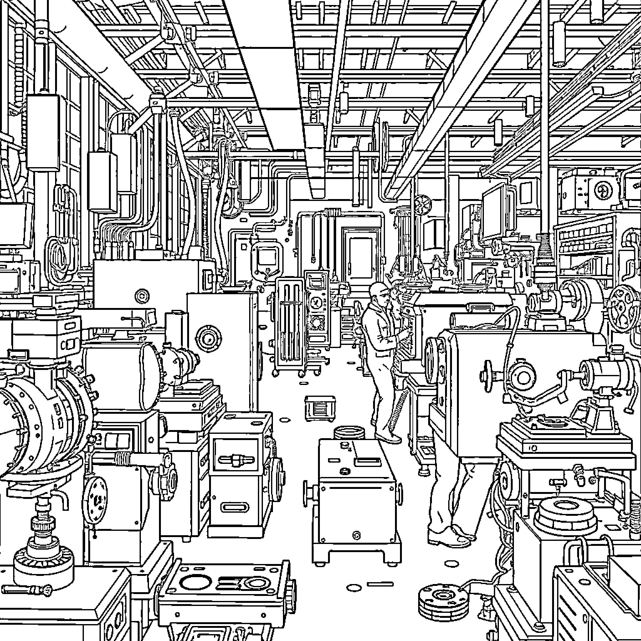 Machine Shop with Intricate Machinery and Workers Coloring Page (free black-and-white line drawing printable PDF for all, from beginners to advanced learners, including children, teens, adults, and seniors)