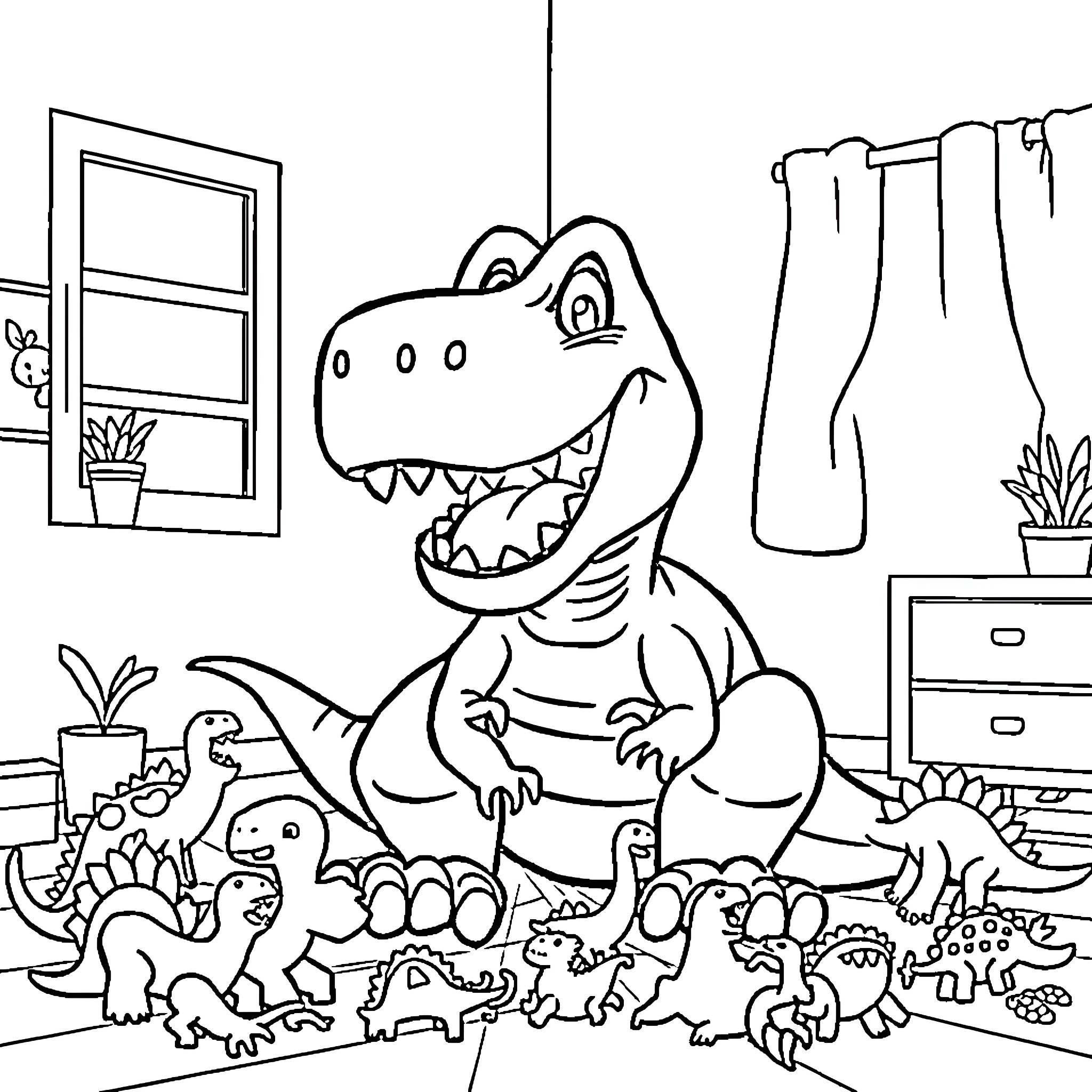 T-Rex playing with toys in the room Coloring Page (free black-and-white line drawing printable PDF for all, from beginners to advanced learners, including children, teens, adults, and seniors)