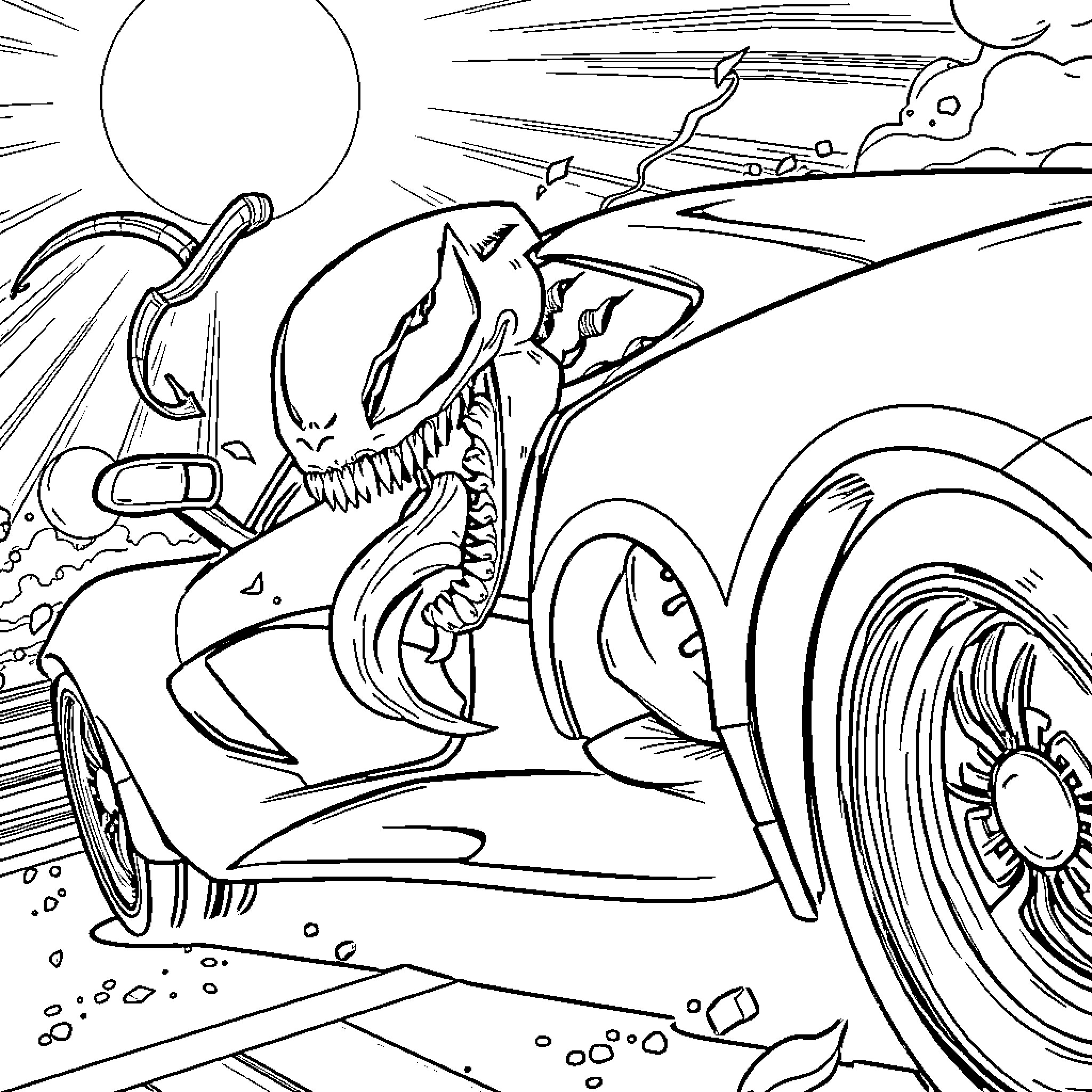 Venom racing through the desert landscape Coloring Page (free black-and-white line drawing printable PDF for all, from beginners to advanced learners, including children, teens, adults, and seniors)