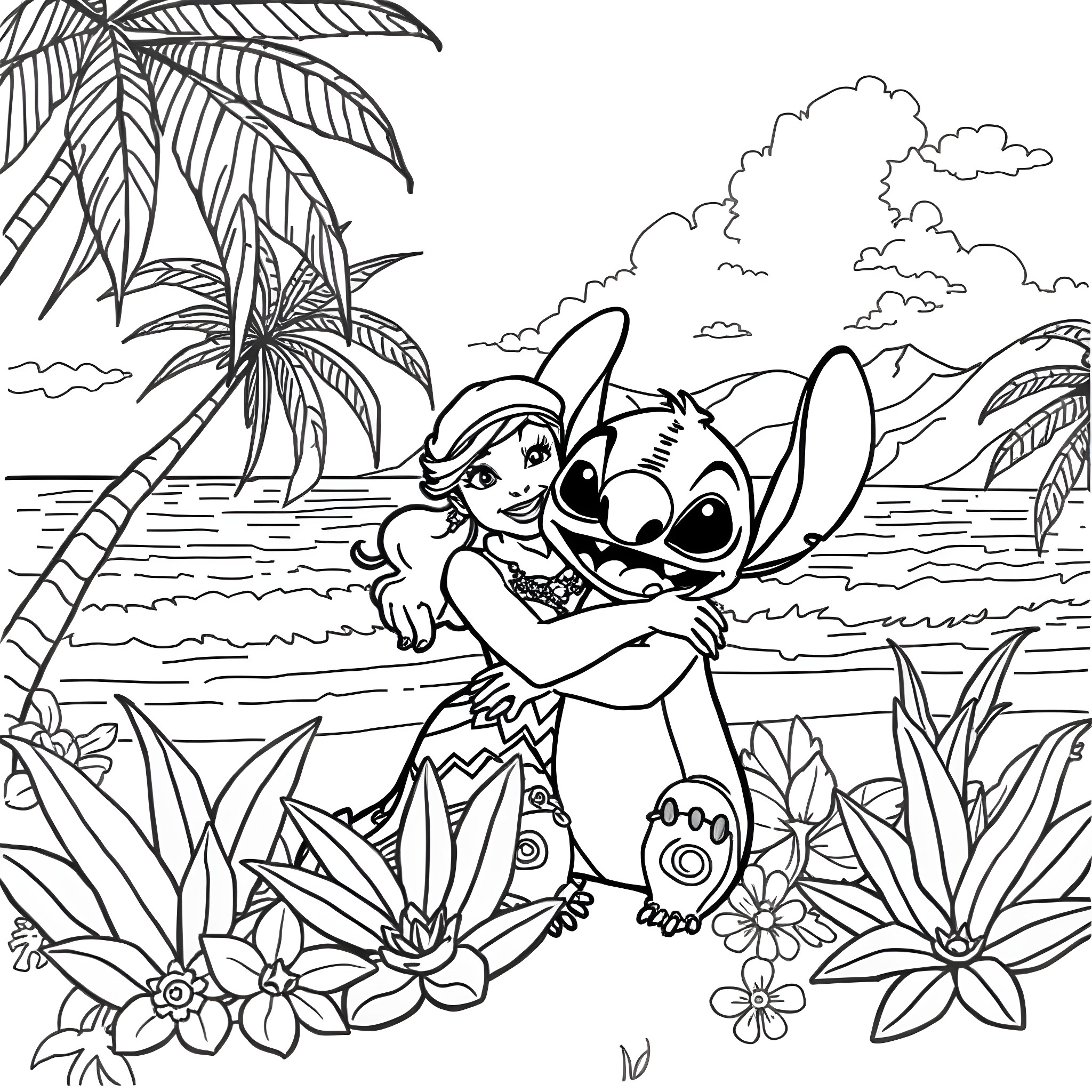 Lilo hugging her friend Stitch on a tropical beach Coloring Page (free black-and-white line drawing printable PDF for all, from beginners to advanced learners, including children, teens, adults, and seniors)