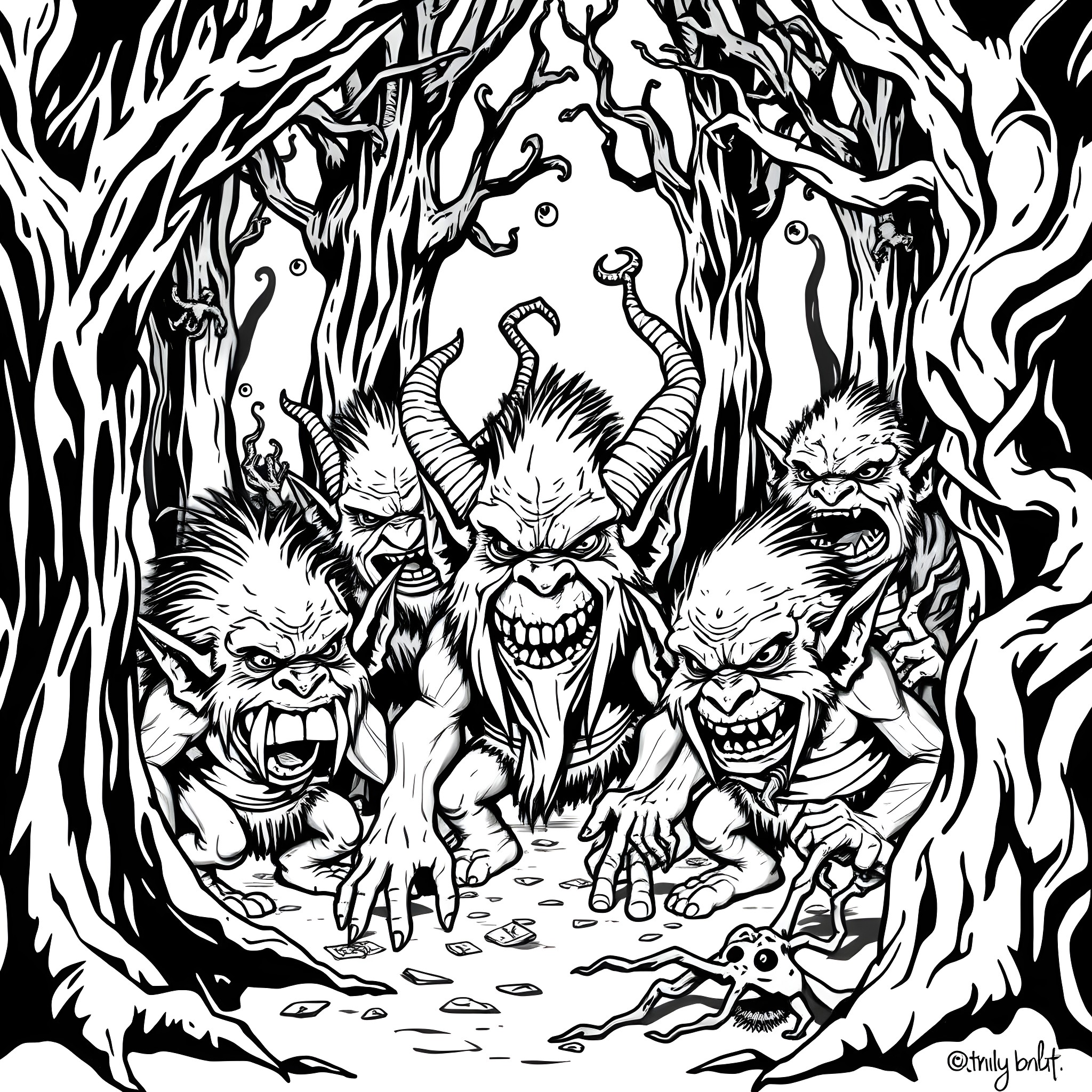 Troll creatures lurking in a dark, twisted forest Coloring Page (free black-and-white line drawing printable PDF for all, from beginners to advanced learners, including children, teens, adults, and seniors)