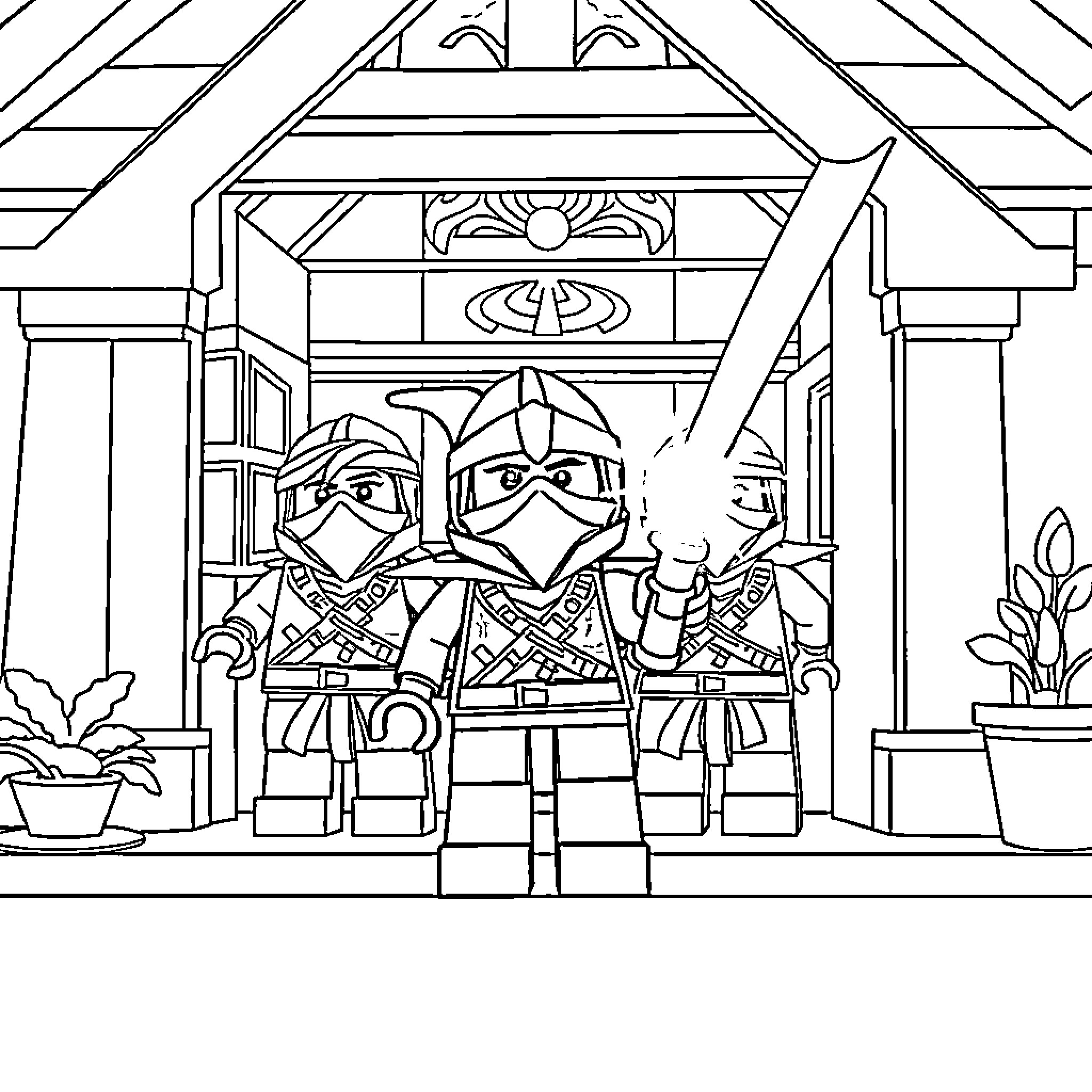 Lego Ninjago Ninjas in Action Pose Coloring Page (free black-and-white line drawing printable PDF for all, from beginners to advanced learners, including children, teens, adults, and seniors)