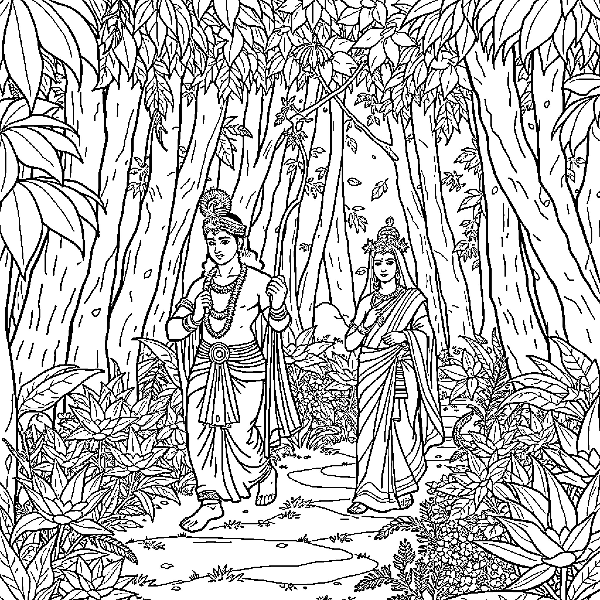 Lord Ram and Sita in the Enchanted Forest Coloring Page (free black-and-white line drawing printable PDF for all, from beginners to advanced learners, including children, teens, adults, and seniors)