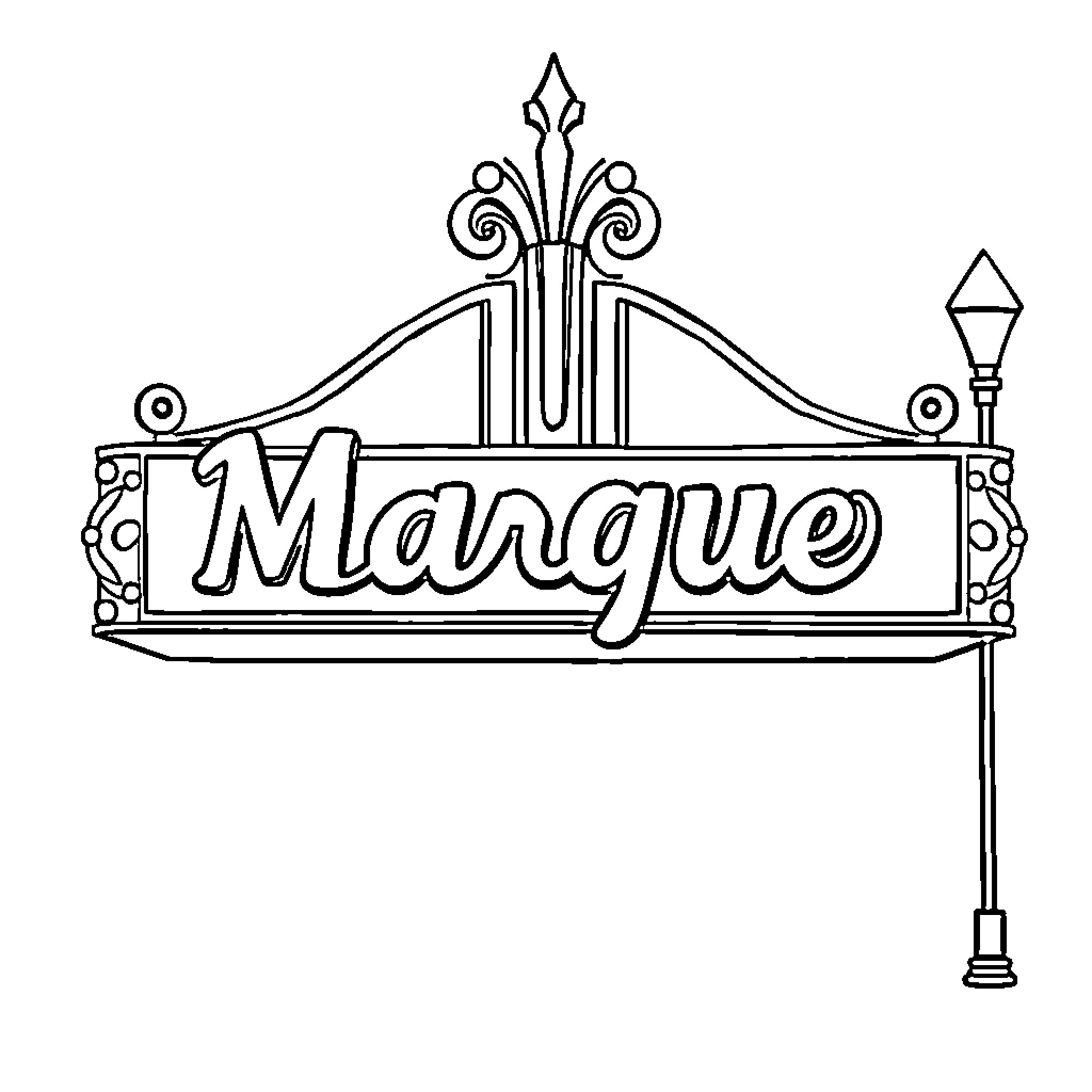 Marque Theatre Marquee Sign Coloring Page (free black-and-white line drawing printable PDF for all, from beginners to advanced learners, including children, teens, adults, and seniors)