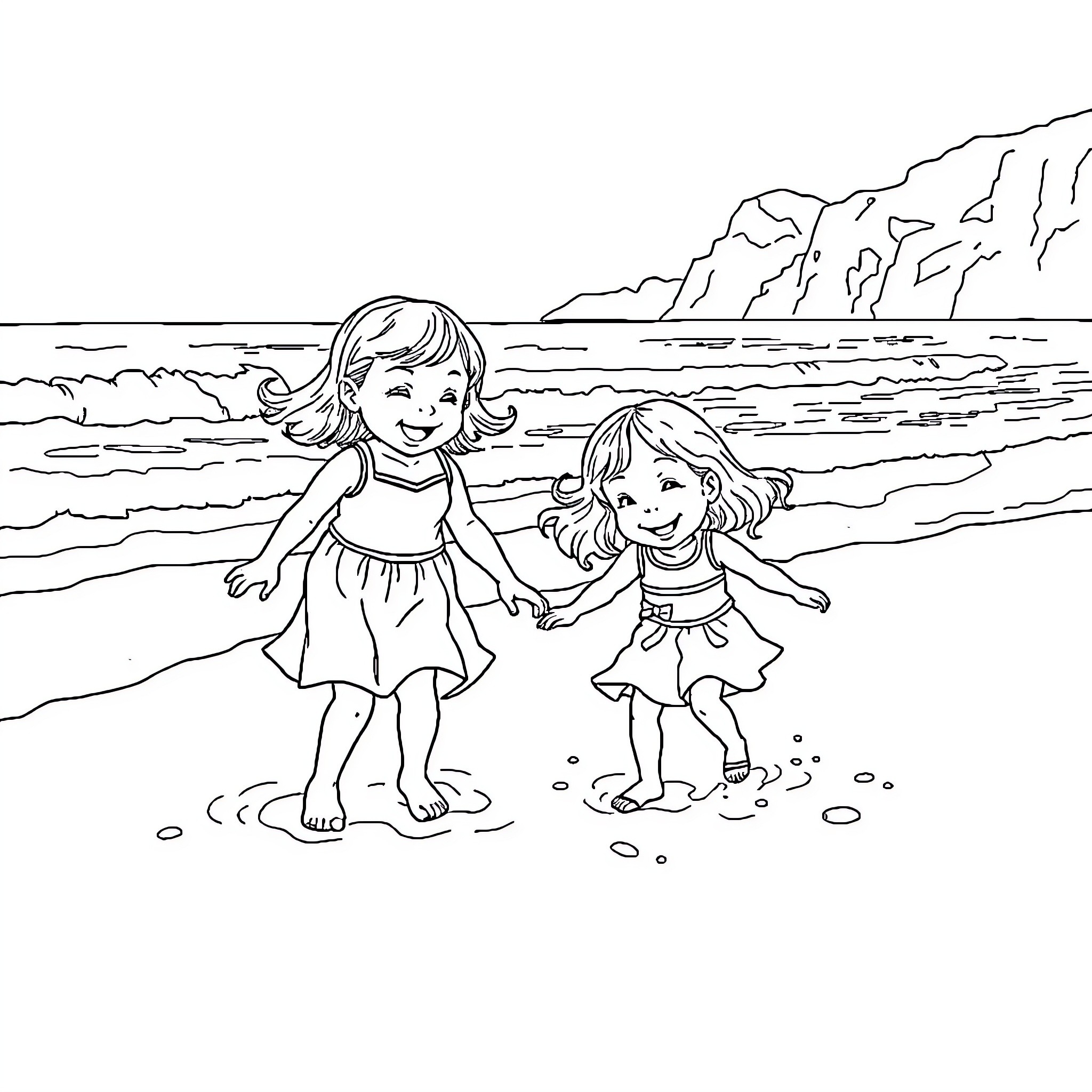 Girls playing joyfully on the beach Coloring Page (free black-and-white line drawing printable PDF for all, from beginners to advanced learners, including children, teens, adults, and seniors)