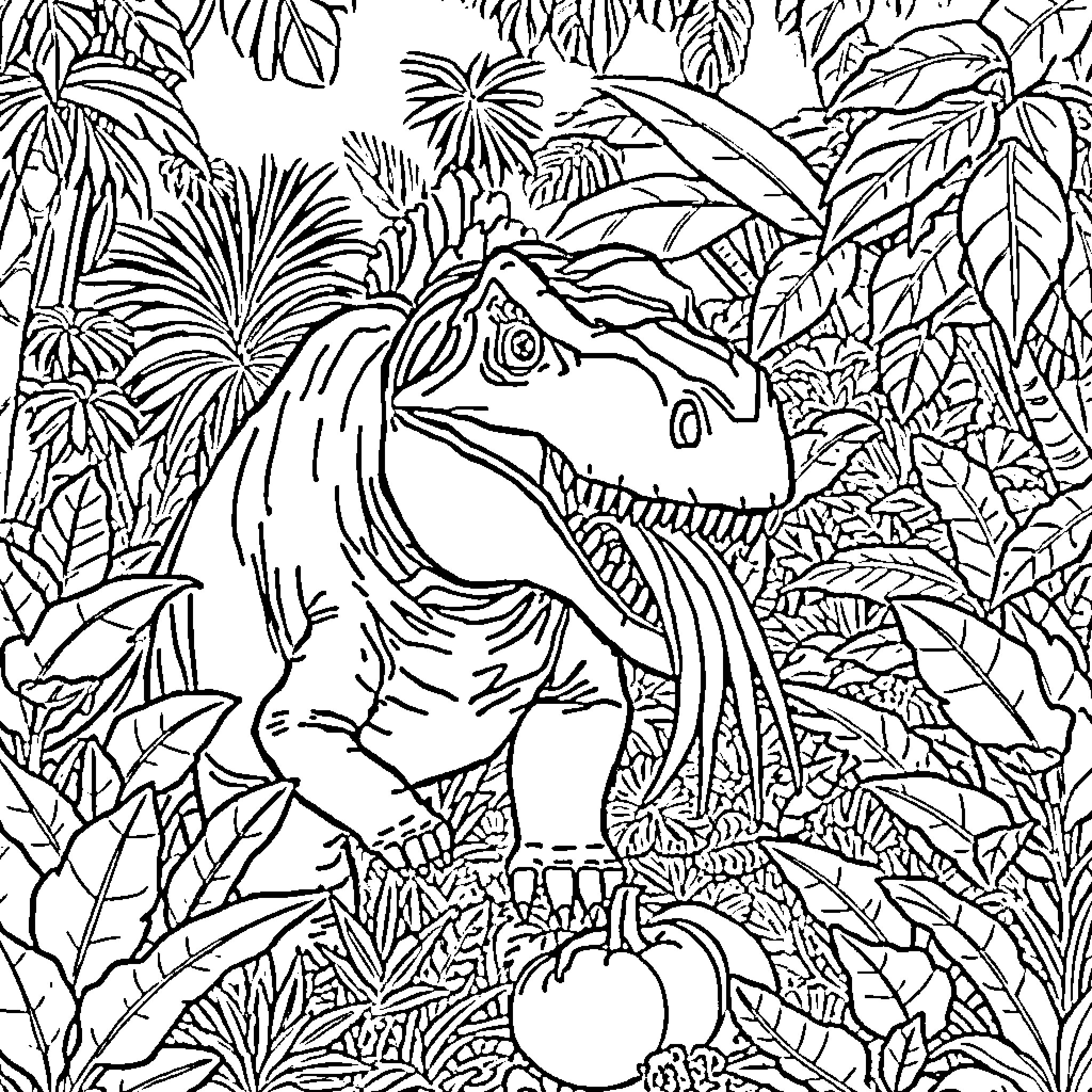 Dinosaur exploring lush jungle vegetation Coloring Page (free black-and-white line drawing printable PDF for all, from beginners to advanced learners, including children, teens, adults, and seniors)