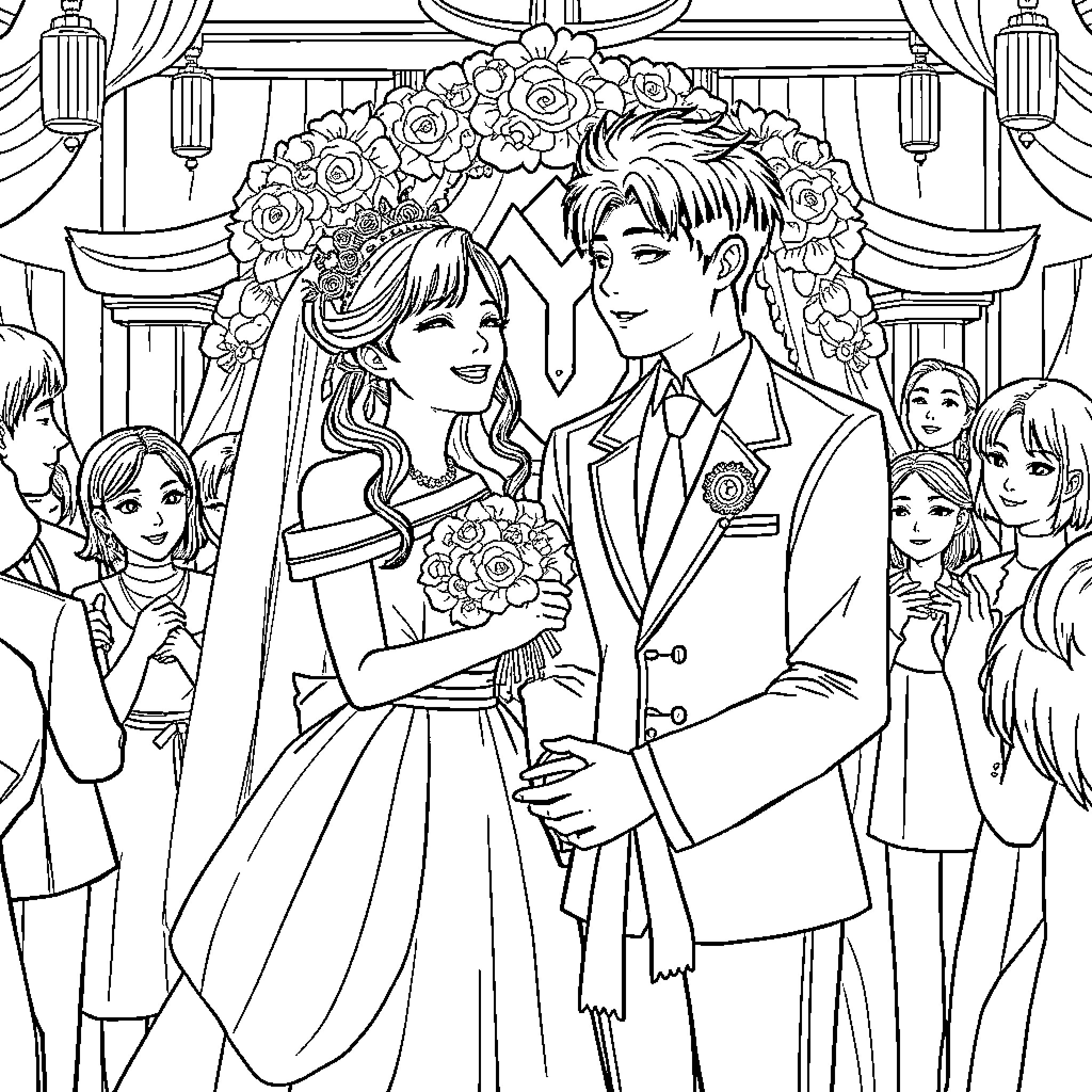 Rumi and Jinu's Joyful Wedding Celebration Coloring Page (free black-and-white line drawing printable PDF for all, from beginners to advanced learners, including children, teens, adults, and seniors)