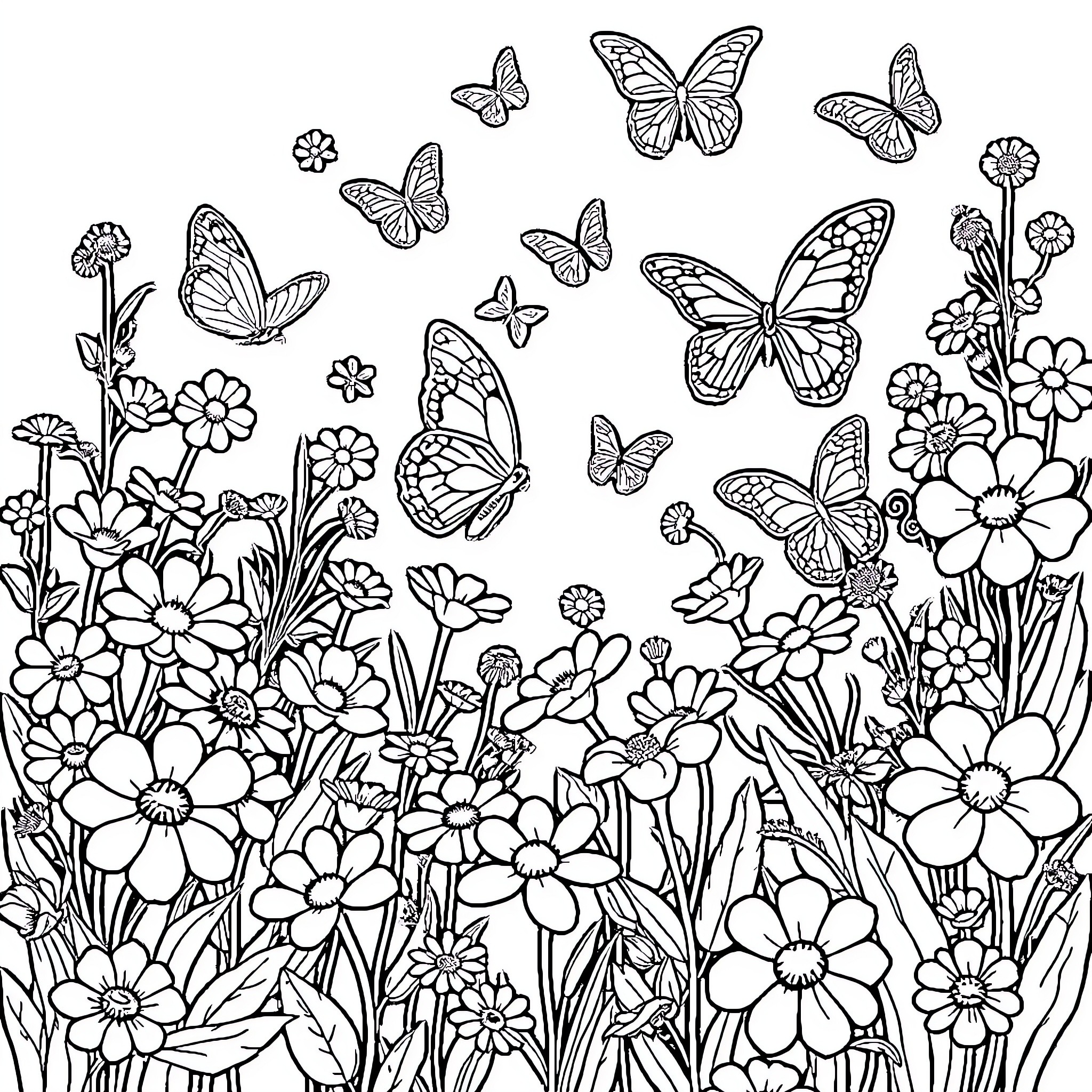 Butterfly Garden Blooming with Floral Beauty Coloring Page (free black-and-white line drawing printable PDF for all, from beginners to advanced learners, including children, teens, adults, and seniors)