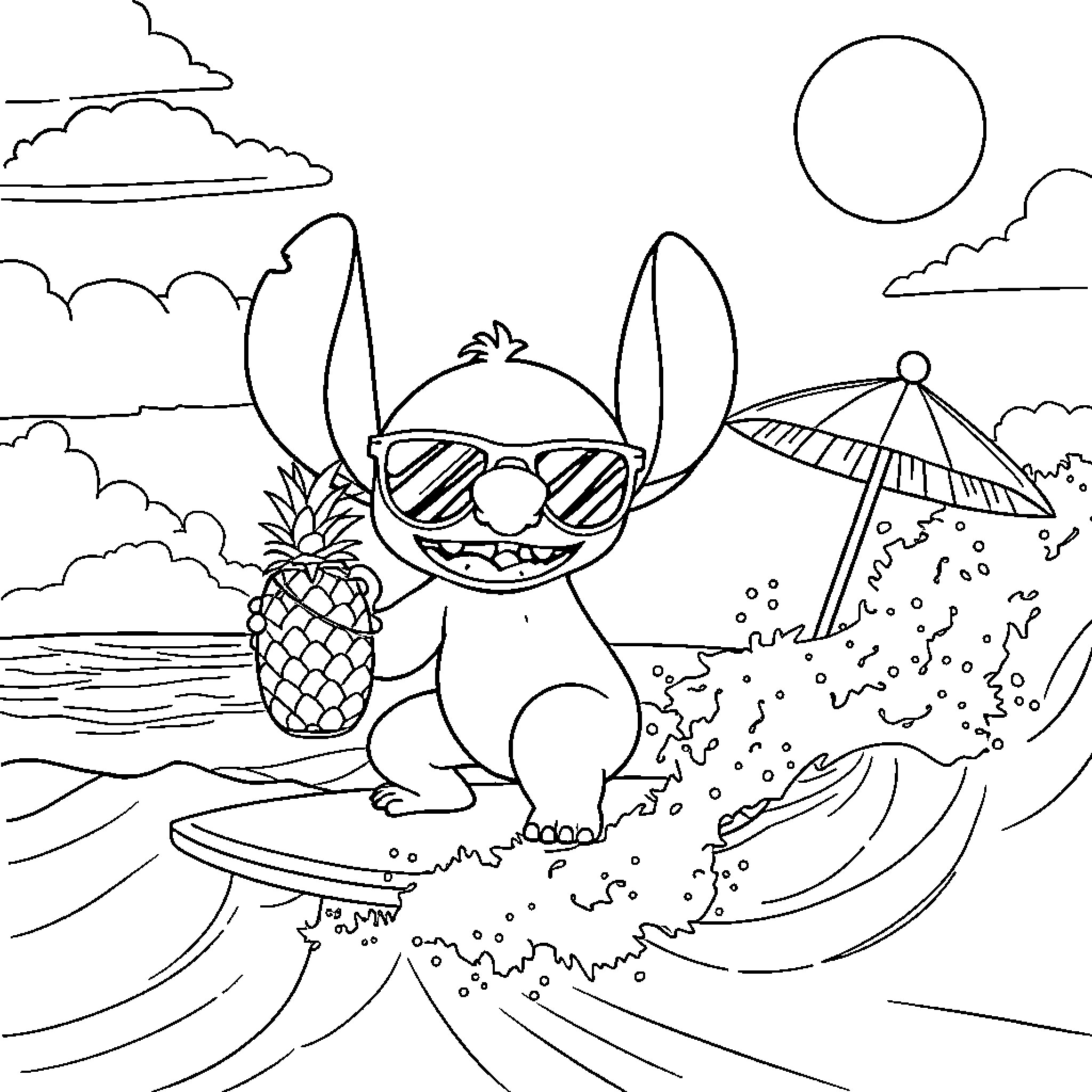 Stitch relaxing on the beach with sunglasses and pineapple Coloring Page (free black-and-white line drawing printable PDF for all, from beginners to advanced learners, including children, teens, adults, and seniors)