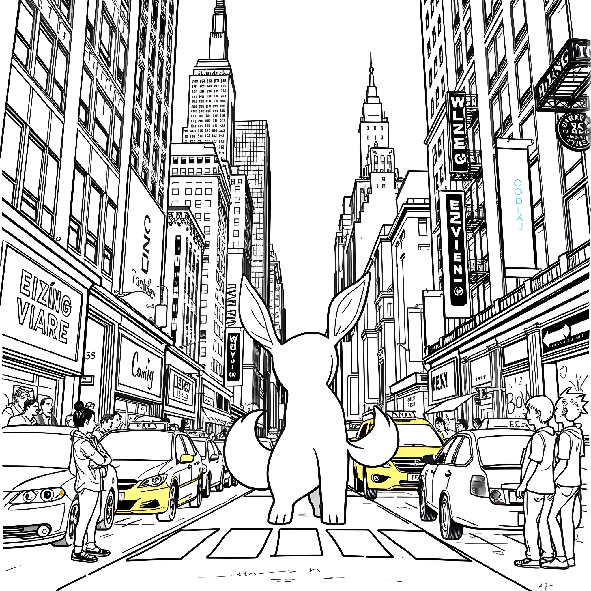 Cubone navigates bustling city streets Coloring Page (free black-and-white line drawing printable PDF for all, from beginners to advanced learners, including children, teens, adults, and seniors)