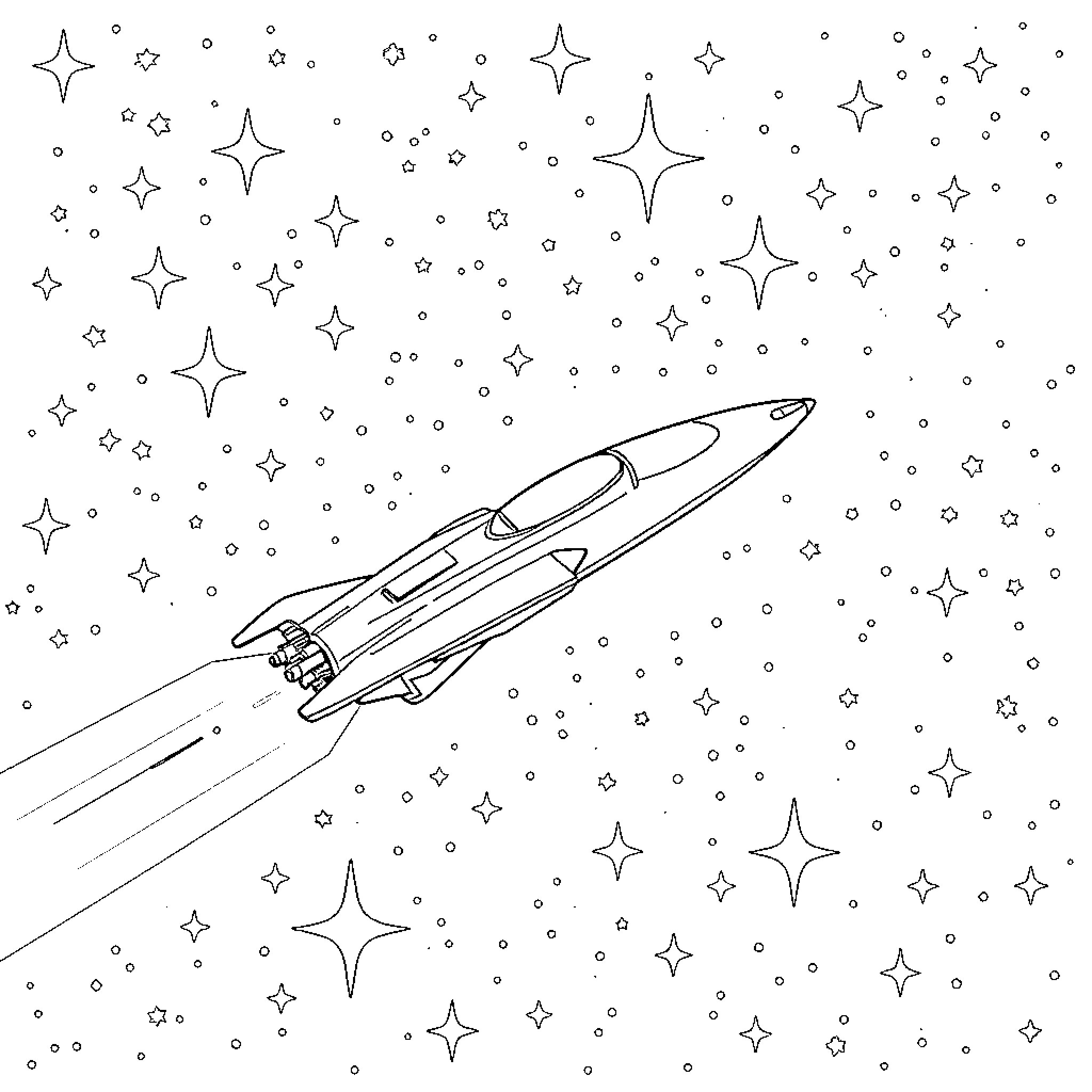 Spaceship soaring through a starry night sky Coloring Page (free black-and-white line drawing printable PDF for all, from beginners to advanced learners, including children, teens, adults, and seniors)