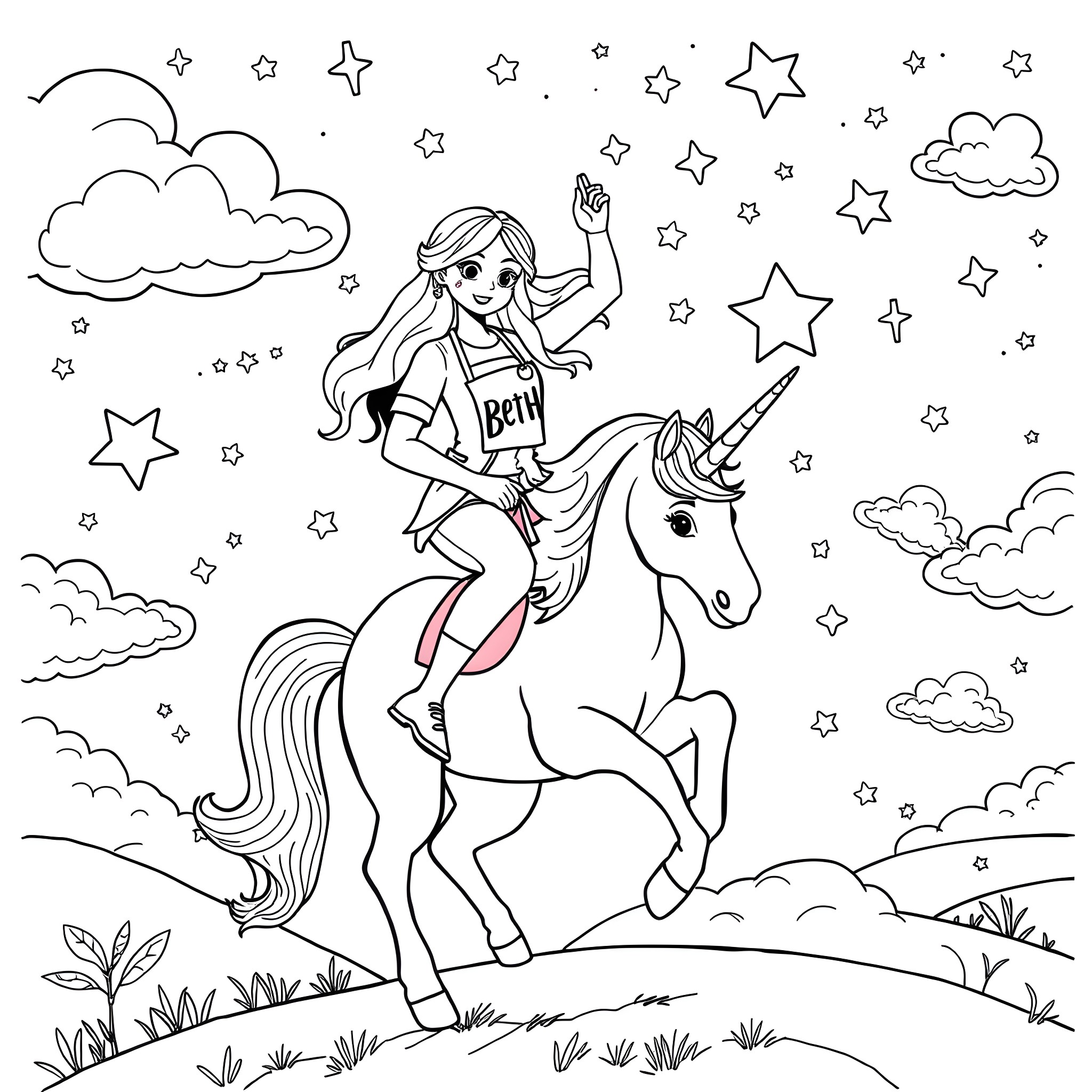 Unicorn Rider Galloping through Starry Night Landscape Coloring Page (free black-and-white line drawing printable PDF for all, from beginners to advanced learners, including children, teens, adults, and seniors)