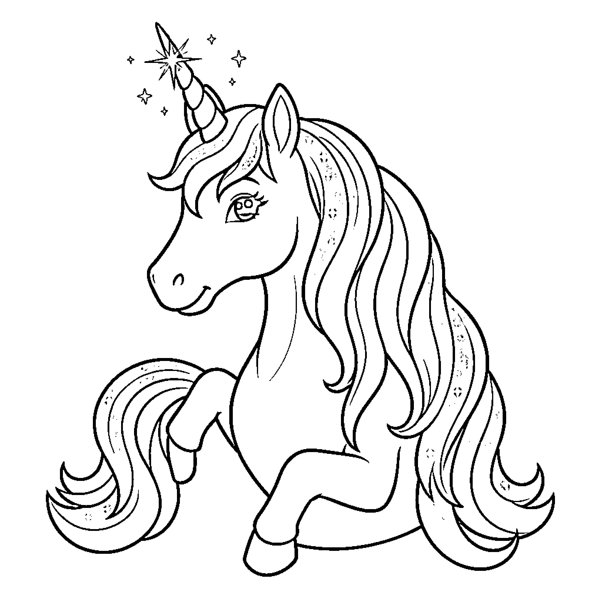 Unicorn with sparkling horn and mane Coloring Page (free black-and-white line drawing printable PDF for all, from beginners to advanced learners, including children, teens, adults, and seniors)