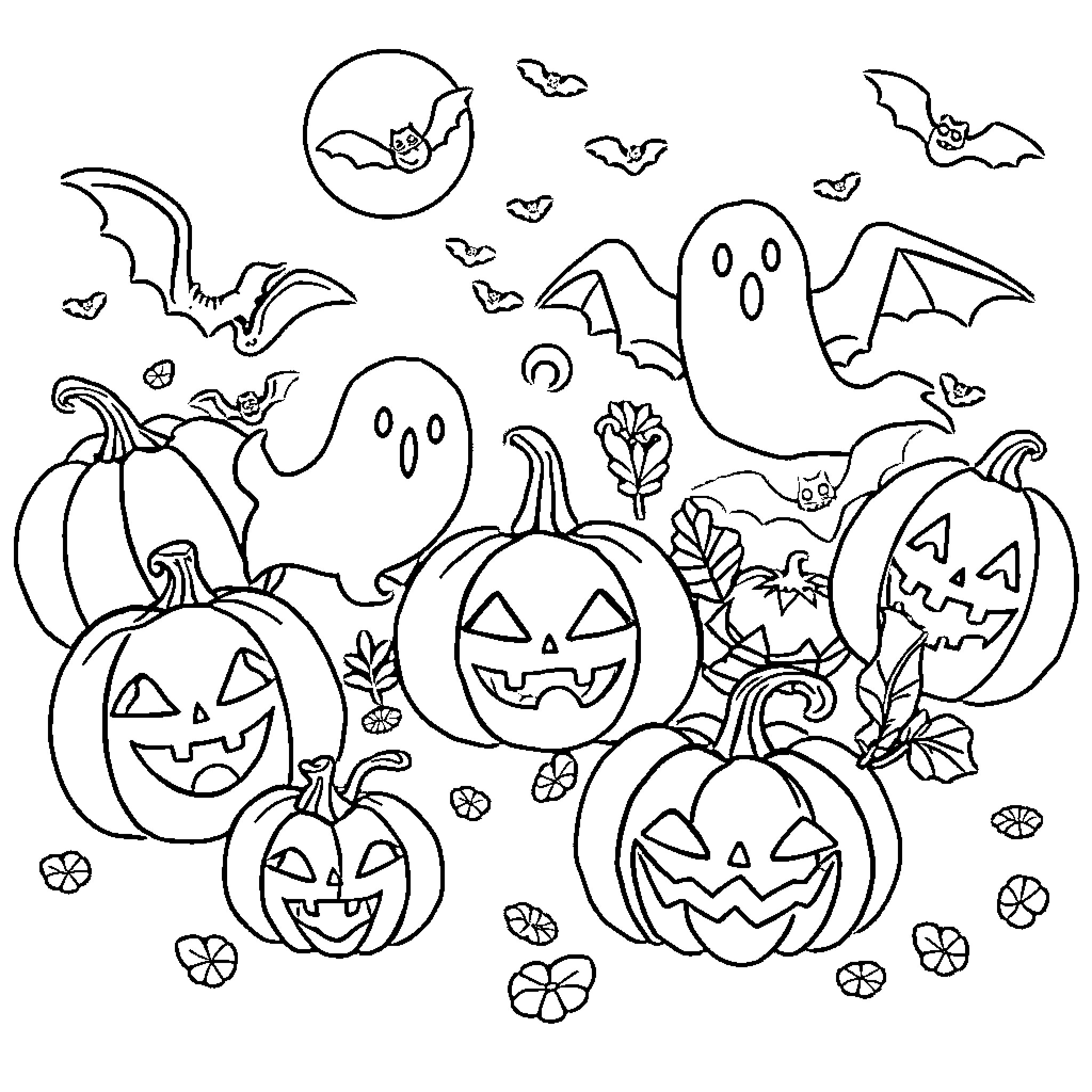 Halloween ghostly pumpkins and bats in the night Coloring Page (free black-and-white line drawing printable PDF for all, from beginners to advanced learners, including children, teens, adults, and seniors)