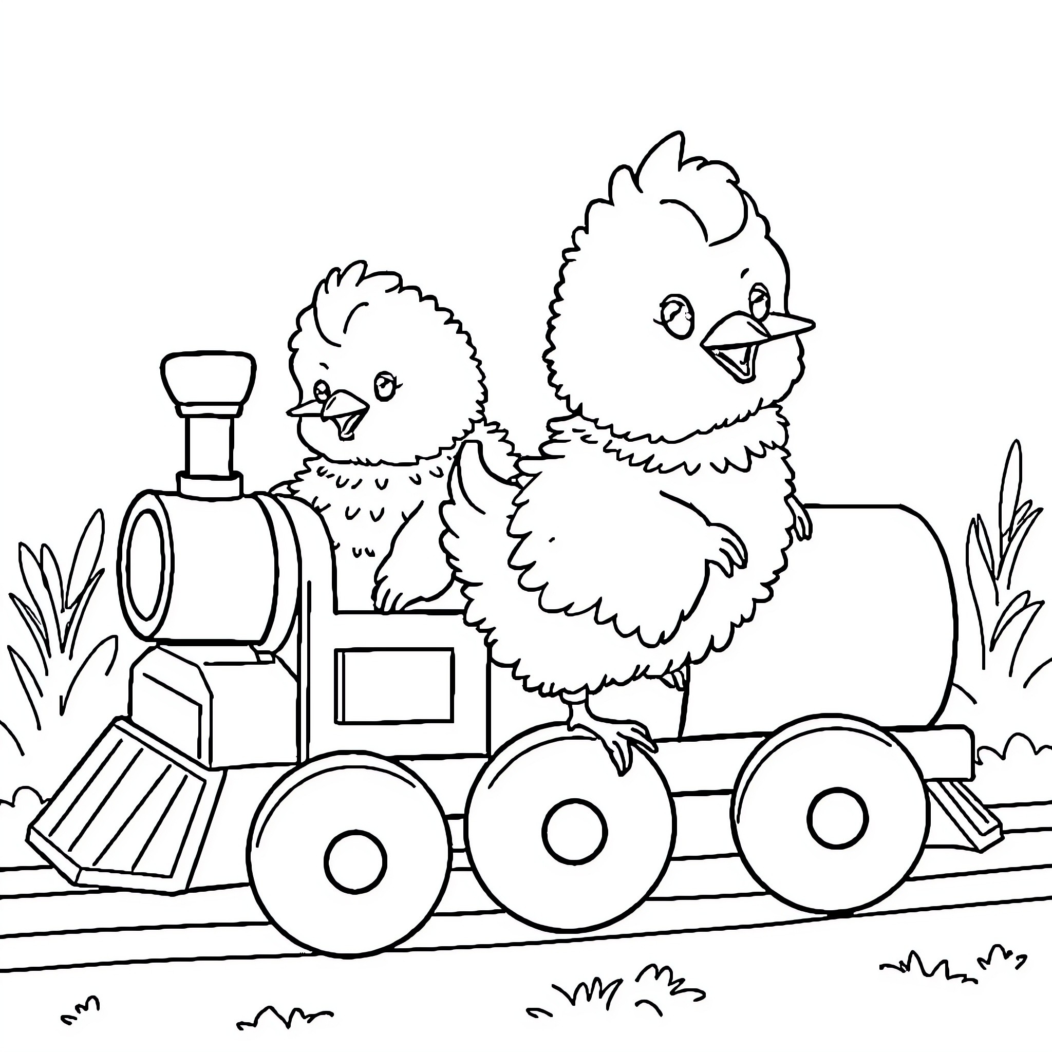 Chickens riding on a toy train Coloring Page (free black-and-white line drawing printable PDF for all, from beginners to advanced learners, including children, teens, adults, and seniors)