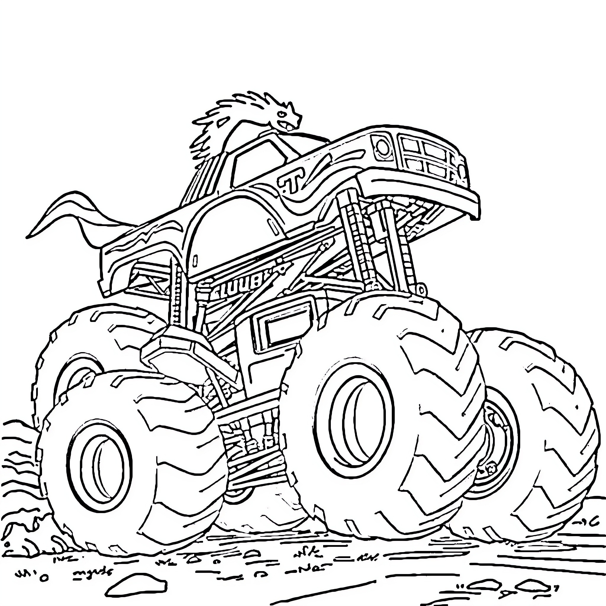 Monster Truck Jumping Over Obstacles in the Dirt Coloring Page (free black-and-white line drawing printable PDF for all, from beginners to advanced learners, including children, teens, adults, and seniors)