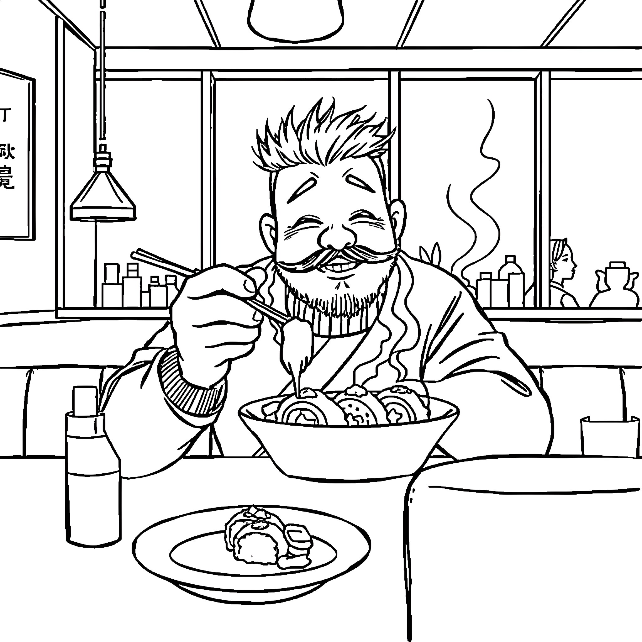 Gojo enjoying a hot meal in a cozy cafe Coloring Page (free black-and-white line drawing printable PDF for all, from beginners to advanced learners, including children, teens, adults, and seniors)