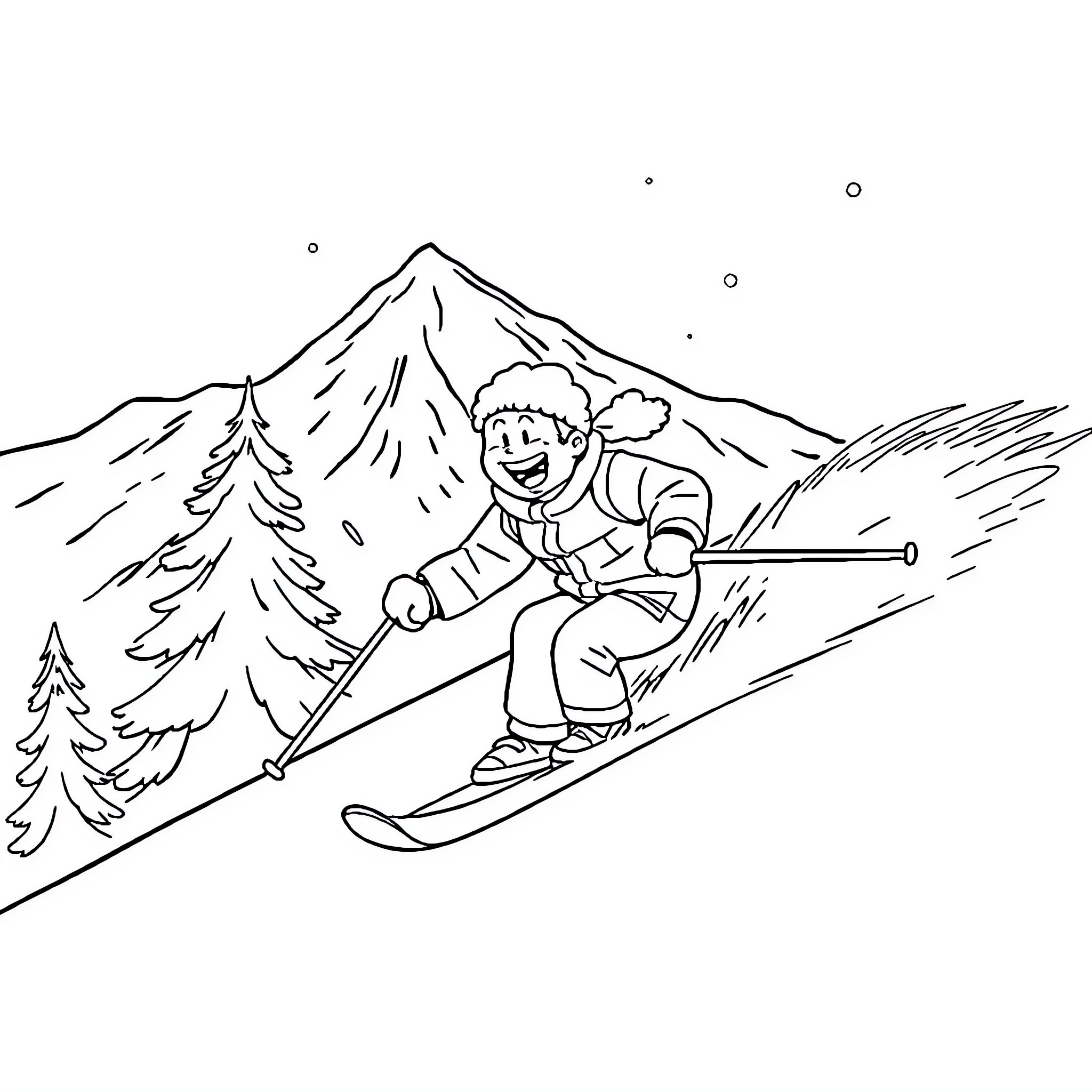 Satory Gojo skiing down snowy mountain Coloring Page (free black-and-white line drawing printable PDF for all, from beginners to advanced learners, including children, teens, adults, and seniors)
