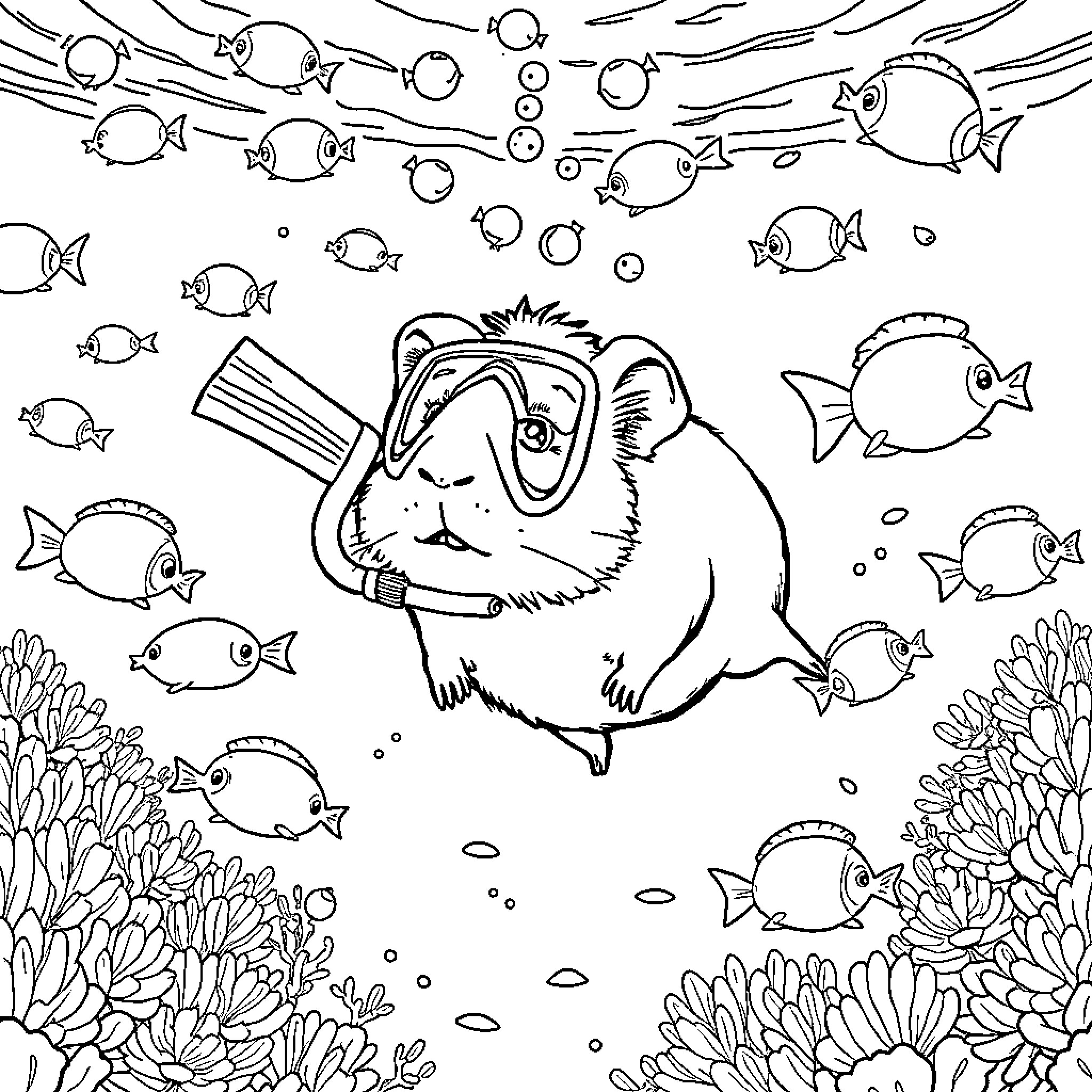 Guinea Pig Exploring Underwater Wonderland with Colorful Fish Coloring Page (free black-and-white line drawing printable PDF for all, from beginners to advanced learners, including children, teens, adults, and seniors)